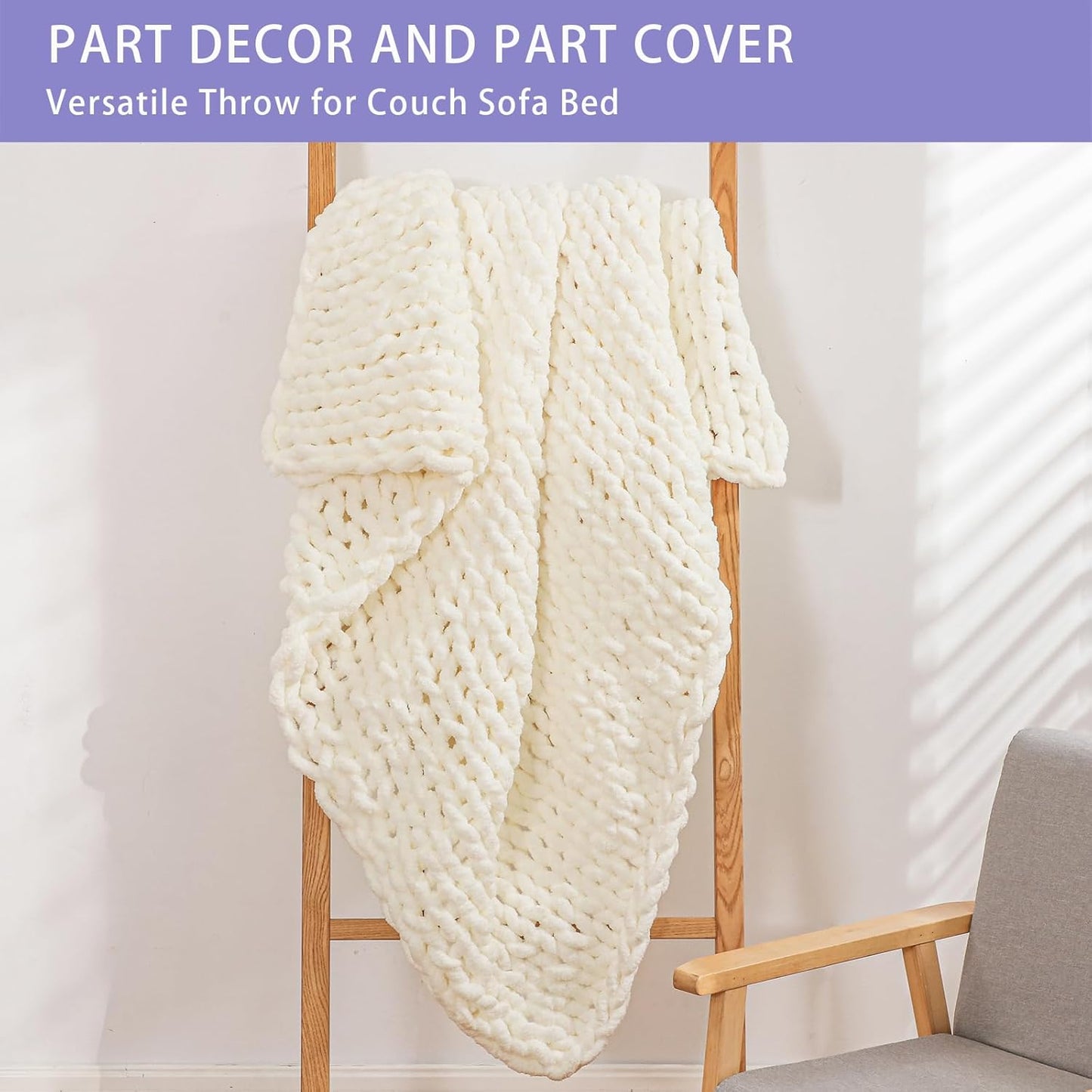 Bigacogo Chunky Knit Throw Blanket for Couch, 80x90 inches, 100% Hand Knitted with Thick Jumbo Chenille Yarn, Cozy Soft Large Rope Knot Cable Crochet Blankets for Sofa Bed Living Room, Ivory