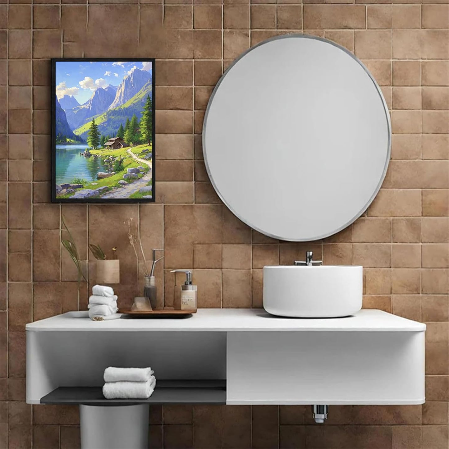 Landscape wall painting of mountain forest lakeside cabin under blue sky and white clouds natural oil painting poster suitable for living room bedroom office