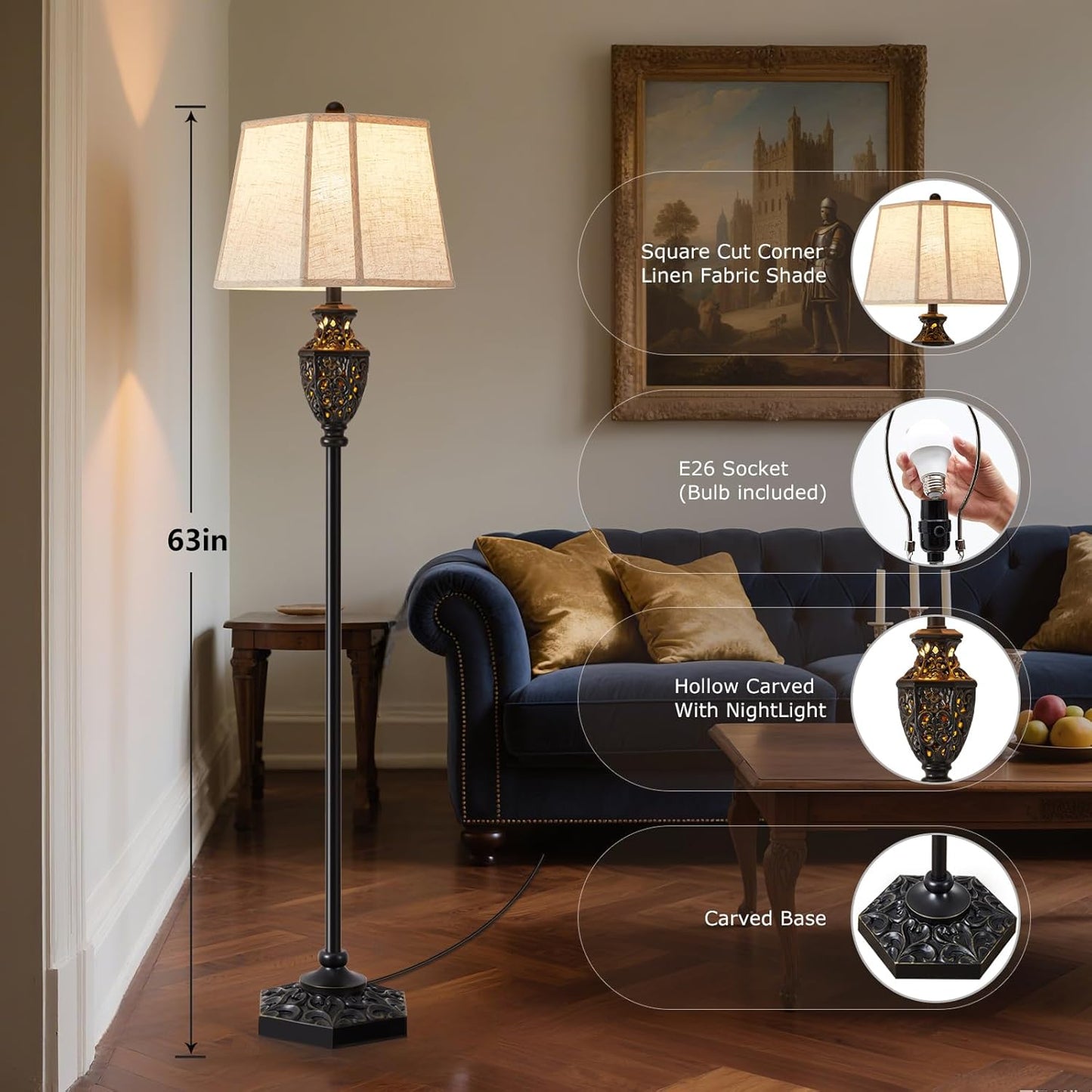 Luvkczc Vintage Black Floor Lamp - Hand-Painted Gold Resin with 6-Sided Carved Hollow Nightlight, Traditional Standing Lamp for Living Room, Bedroom, Study (Bulb Included)