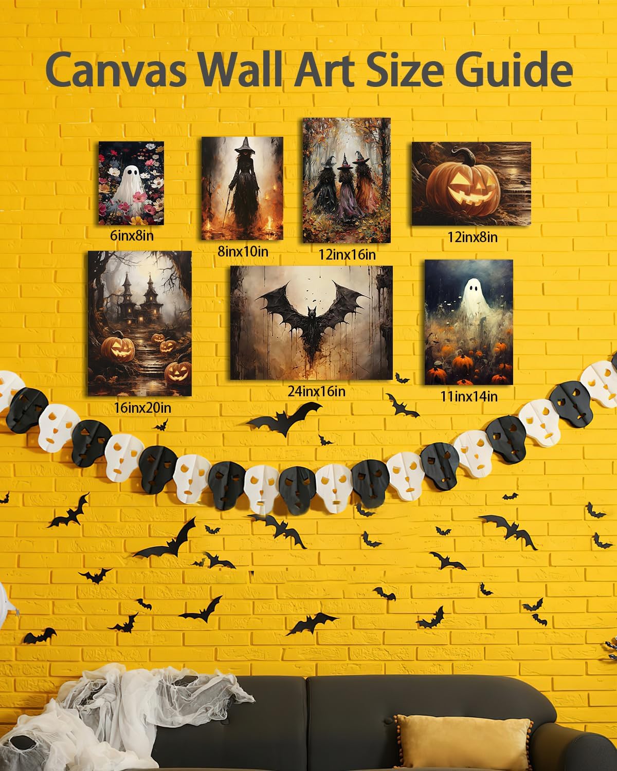 Halloween Canvas Wall Art,Vintage Cute Ghost & Wildflowers Framed Poster, Spooky Fall Decorations for Indoor, Gothic Dark Academia Wall Decor, Funny Halloween Decorations for Living Room Bedroom