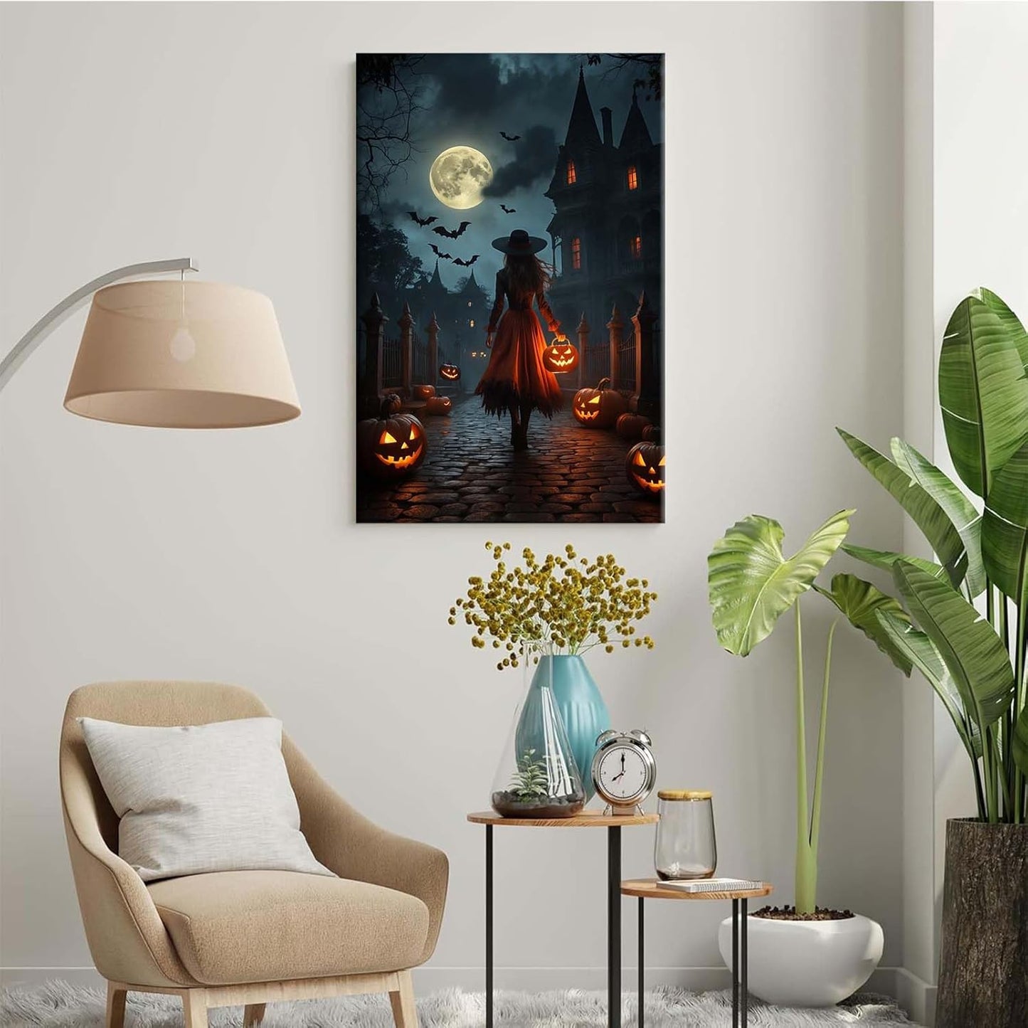 JFHCQJPK Halloween theme poster moonlit autumn night witch vintage poster art print dark college style gothic painting canvas wall decoration bedroom living room ideal gift28x40in Frameless