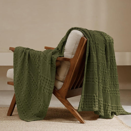 PHF 100% Cotton Waffle Weave Throw Blanket, Soft Lightweight Breathable Cozy Summer Throws for Couch Bed Sofa, Luxury Aesthetic Woven Blanket for Home Decor & Office, 50"x60", Capulet Olive