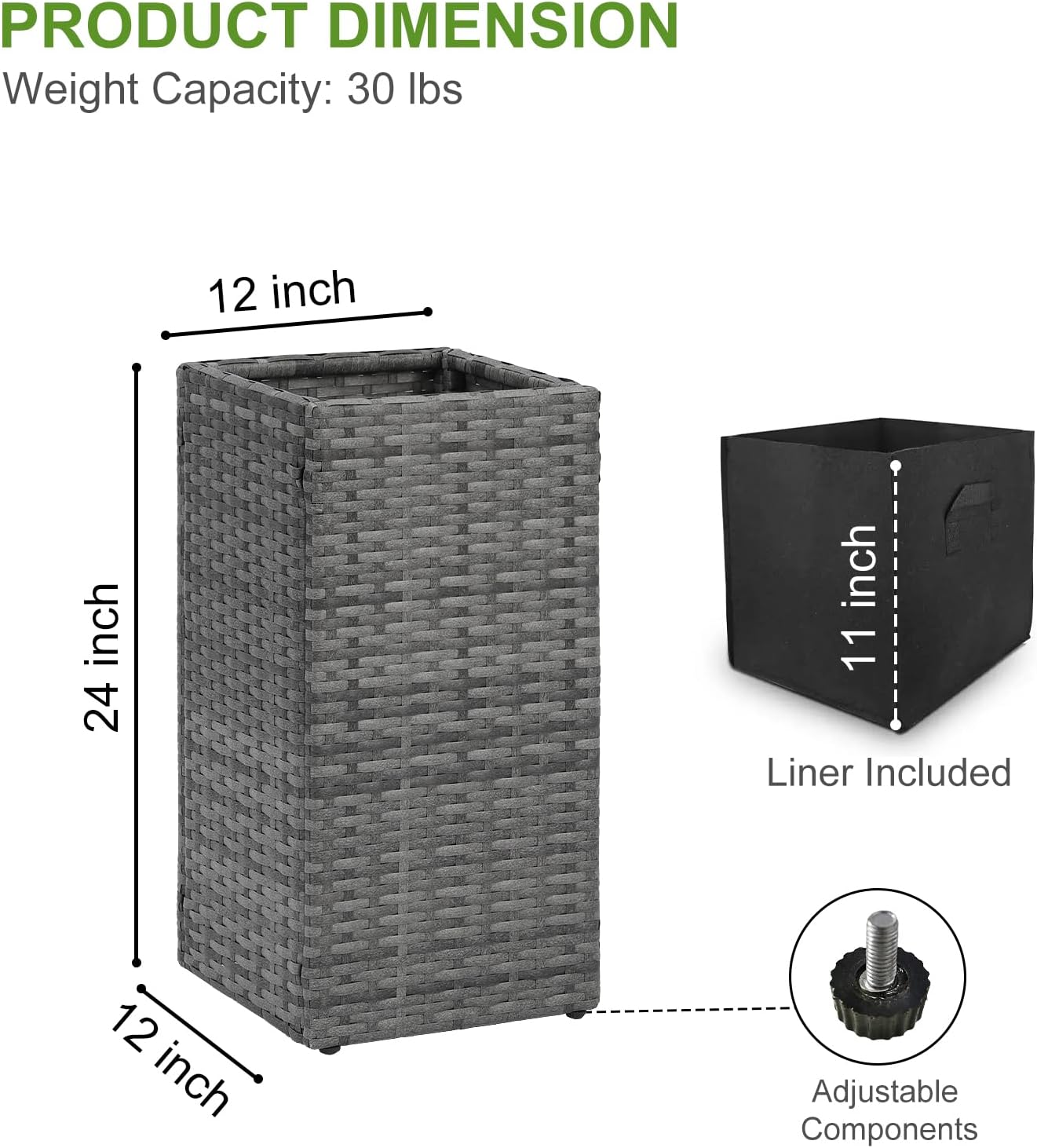 LEWIS&WAYNE Set of 2 Tall Planters for Outdoor Plants Handmade 24'' Wicker Tall Square Planter Box with Removable Liners Modern Planter for Indoor Outdoor Garden Patio Front Porch - Gray