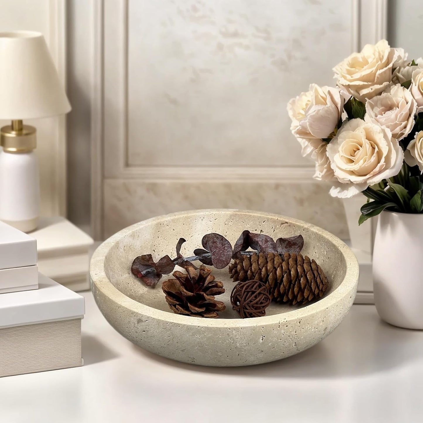 Travertine Decorative Bowls for Home Decor, Marble Fruit Bowl for Kitchen Counter, Keys Bowl for Entryway Table, Large Candy Serving Bowl for Table Centerpiece Office Modern Home Decor (Beige)