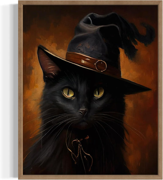 Witch Cat Poster Art Print, Halloween Scary Vintage Wall Art Academia Spooky Painting Decoration for Horror Prints, Gothic Posters Bedroom Decor 89 (Witch Cat, 16 x 20 inches, Wood Frame)