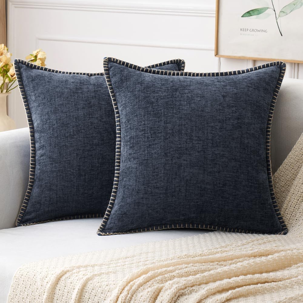 MIULEE Pack of 2 Couch Throw Pillow Covers 18x18 Inch Dark Blue Farmhouse Decorative Pillow Covers with Stitched Edge Soft Chenille Solid Dyed Spring Pillow Covers for Sofa Bed Living Room