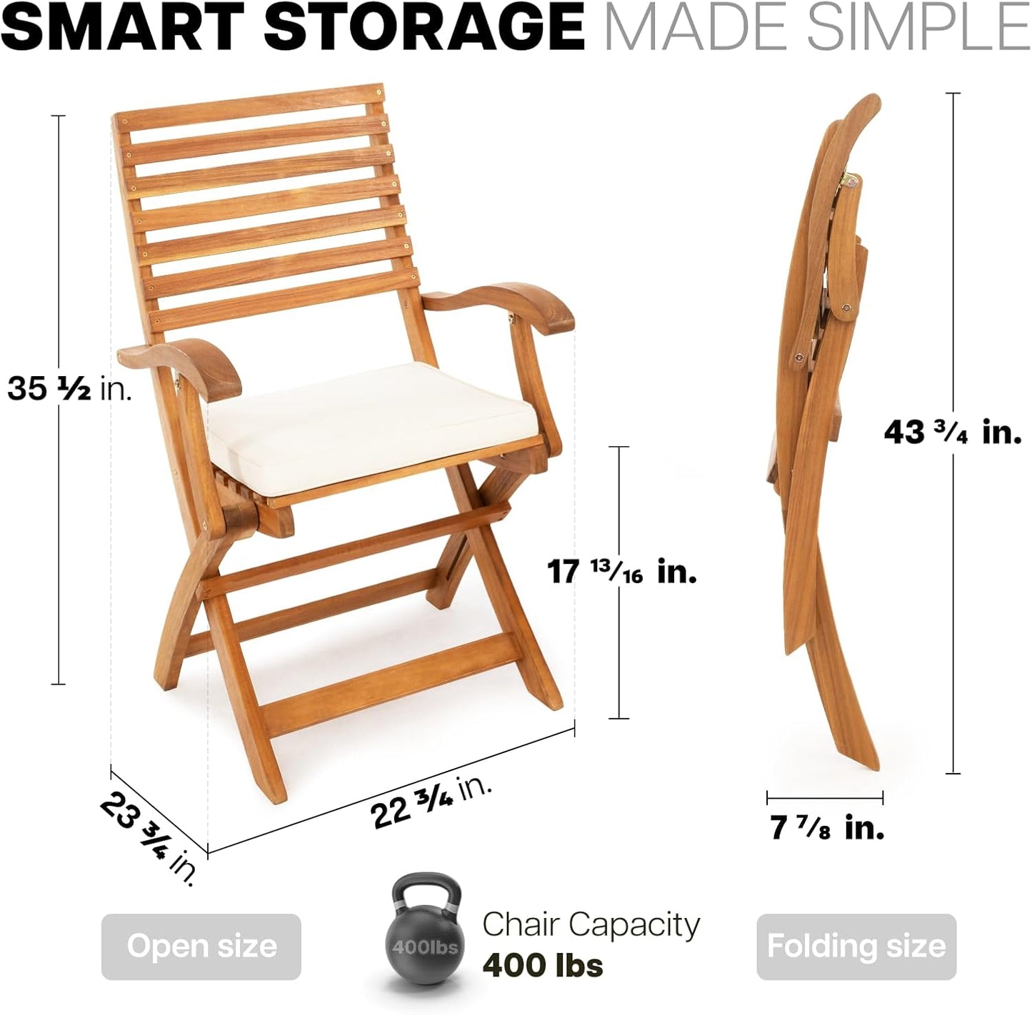 IDZO, Percy Chairs Heavy Duty 400lbs Capacity Set of 2 w/Cushion, FSC Acacia Outdoor Furniture, Teak Finish, Fully Assembled, Wood Folding_Beige