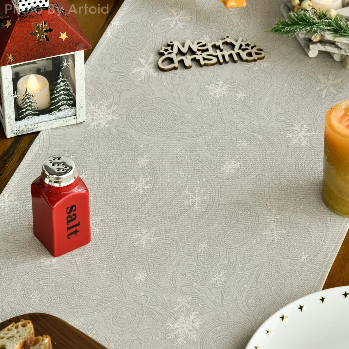 Artoid Mode Snowman Birds Trees Christmas Table Runner, Seasonal Silver Winter Holiday Kitchen Dining Table Decoration for Home Party Decor 13 x 120 Inch