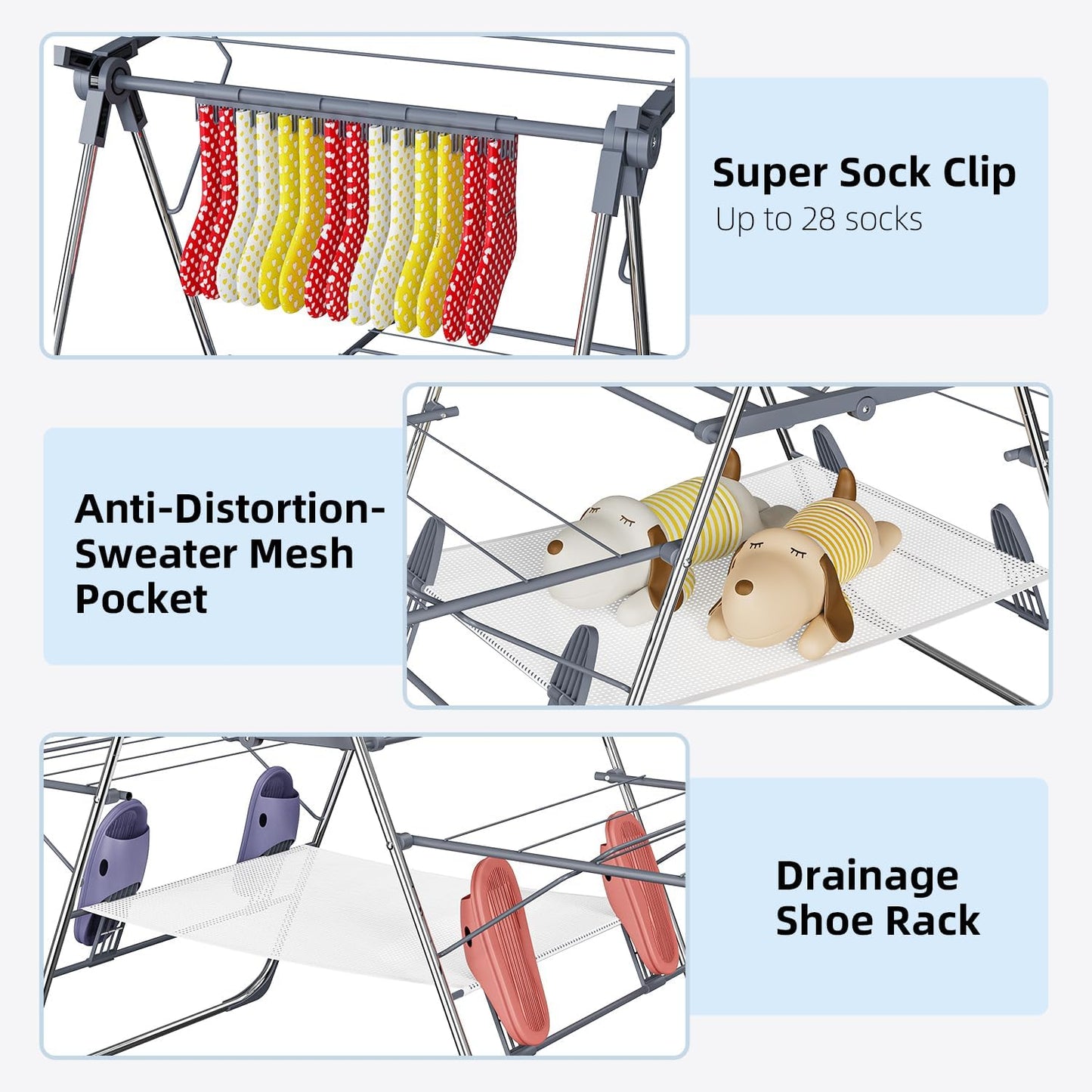 Clothes Drying Rack, Foldable 2-Level Laundry Racks for Drying Clothes Rack,Stainless Steel Drying Rack Clothing Collapsible for Indoor Outdoor,with Height-Adjustable Wings,33 Drying Rails,Gray