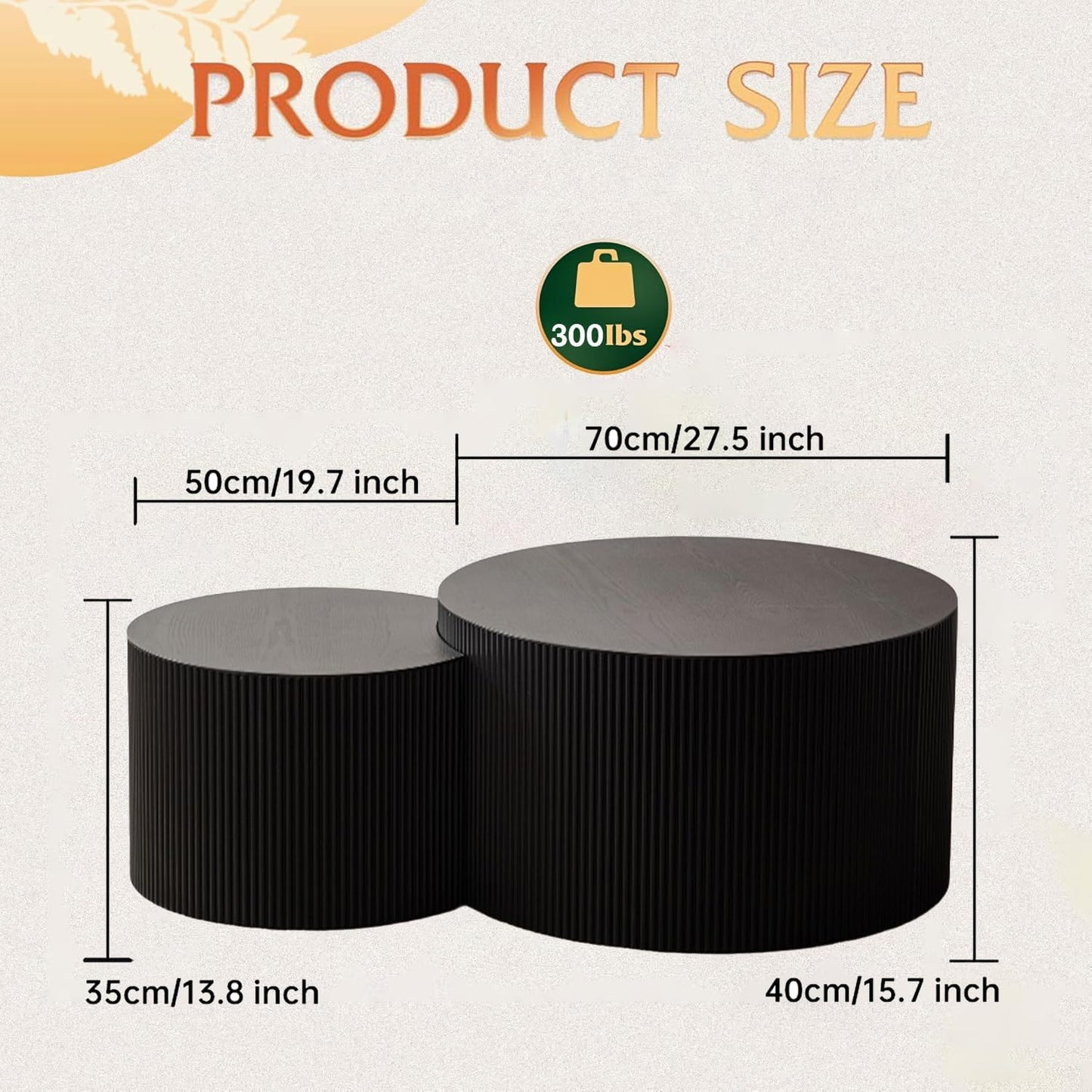 Round Nesting Coffee Table Modern Fluted Coffee Table Set of 2 Circle Drum Coffee Tables Small Round Accent Side End Table for Living Room No Assembly (Black B 27in)