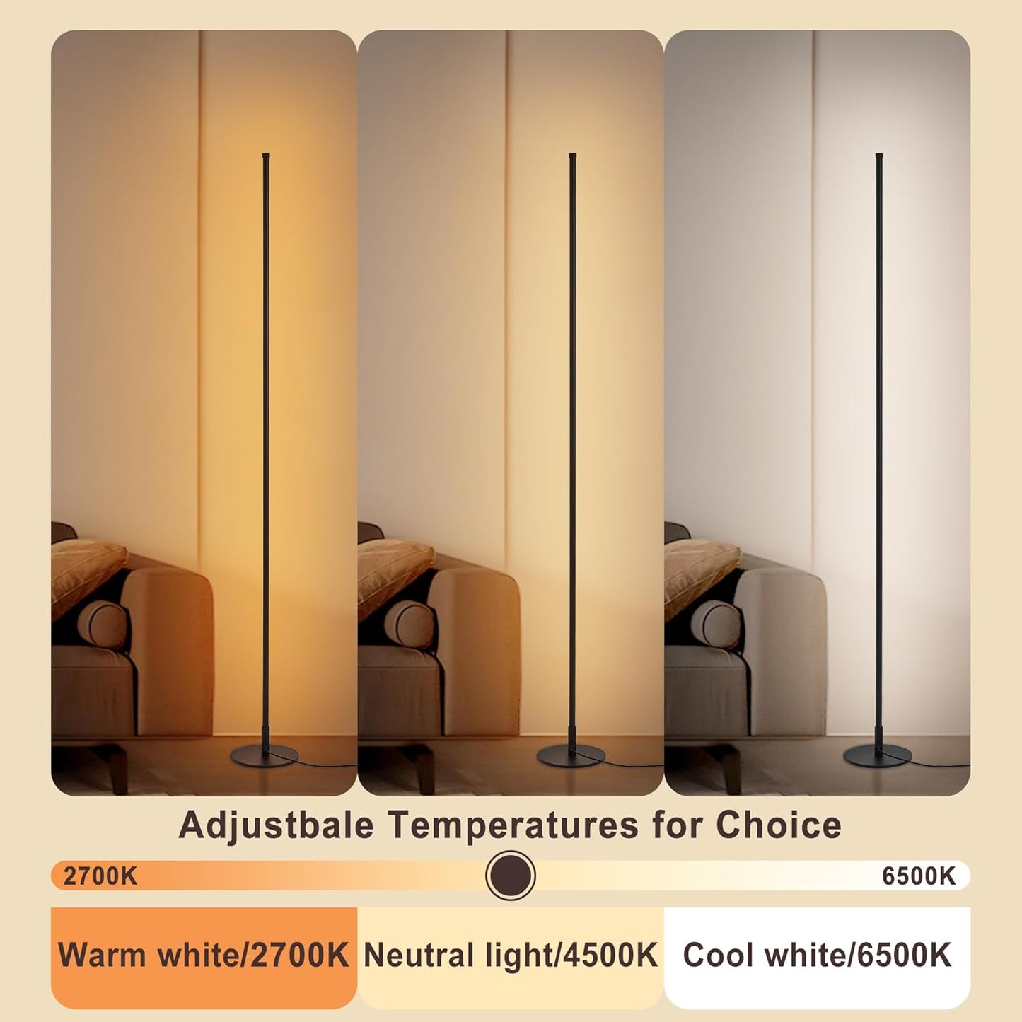 Modern Floor Lamps for Living Room, 56" LED Black Corner Lights with Remote, Dimmable, Floor Standing Lamp for Bedroom Home Office