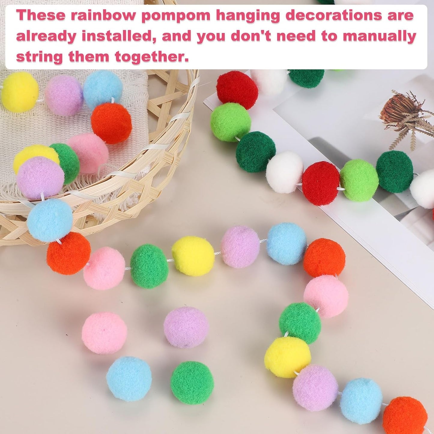 PATIKIL 26Ft Pom Pom Garland Decorations, 4Pcs Colorful Felt Ball Garland Banner Cute Rainbow Pompom Hanging Decorations for Tree Ornaments Homes Decor, Black/Orange/White