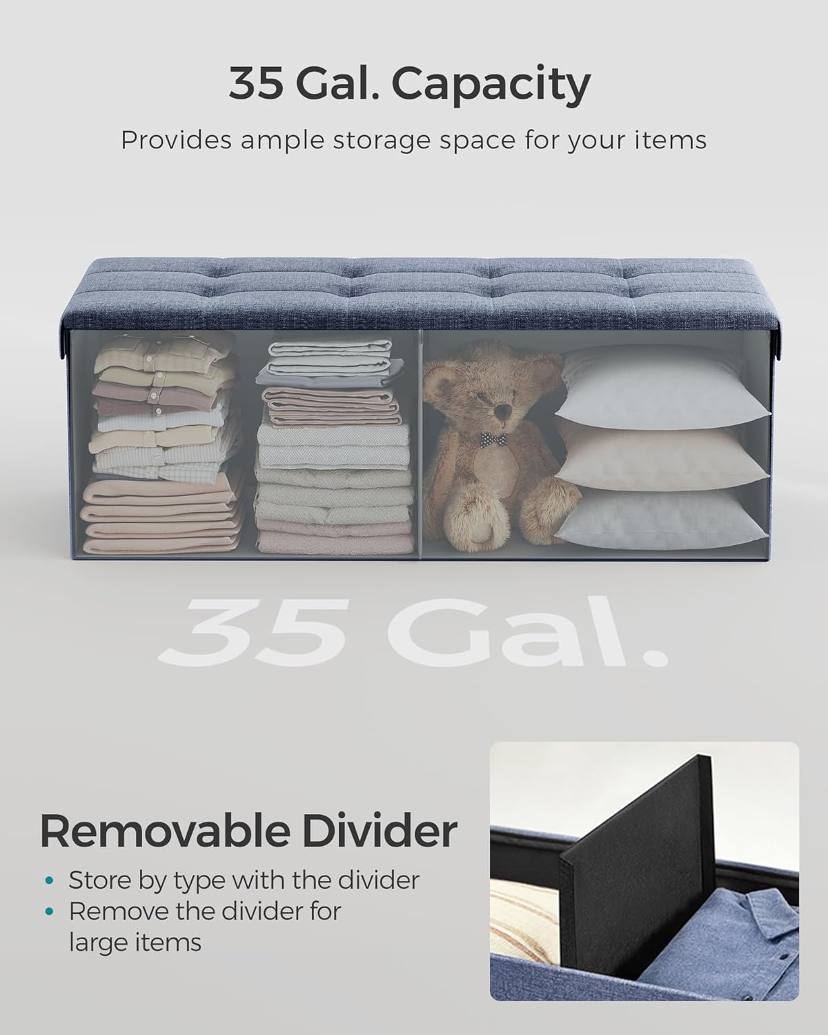 SONGMICS MAZIE Collection - 43 Inches Folding Storage Ottoman Bench, Ottoman Foot Rest, End of Bed Bench, Storage Chest, Load 660 lb, for Living Room, Bedroom, Entryway, Misty Blue ULSF077Q01