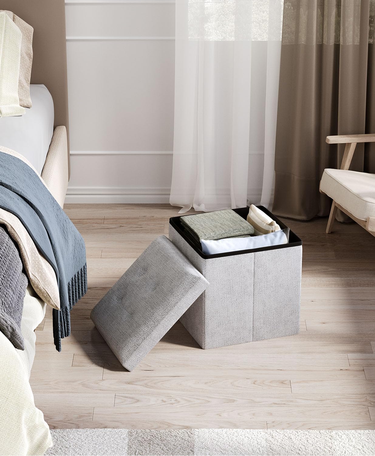 15 Inches Small Folding Storage Ottoman Cube, Storage Footrest, Foot Rest Stool, for Living Room, Bedroom, Dorm, Hallway, Entryway, Light Gray