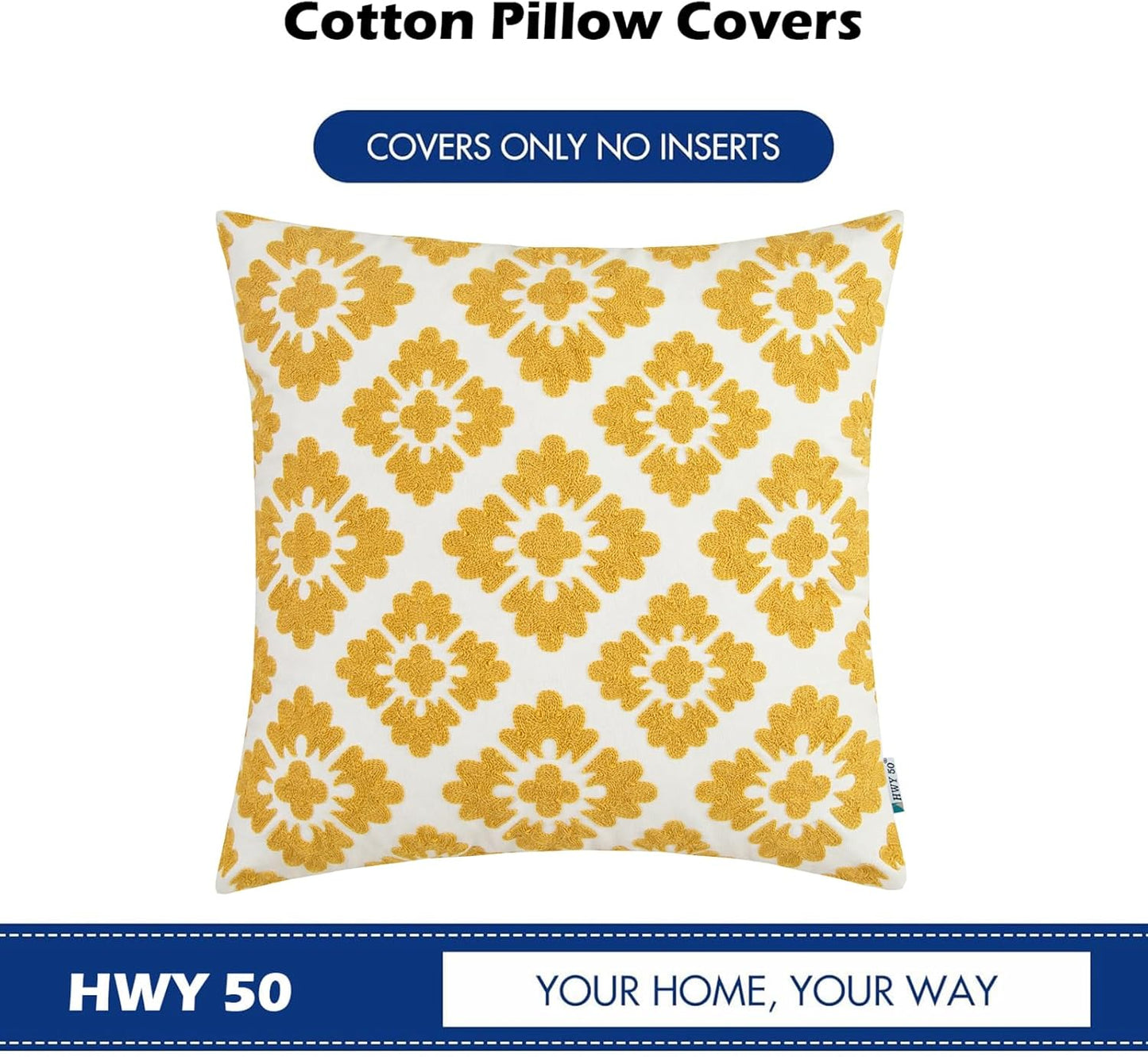 HWY 50 Mustard Yellow Decorative Throw Pillow Covers 18x18 Inch (1 Piece), Embroidered Cotton Farmhouse Cushion Cover Pillow Case for Sofa Couch Living Room Bed, Little Sunflower
