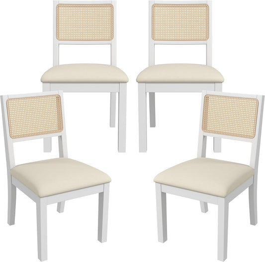 Westice Rattan Dining Chairs Set of 4, Farmhouse Natural Dining Room Chairs with Upholstered Cushion, Wood Armless Chairs for Kitchen/Restaurant, White