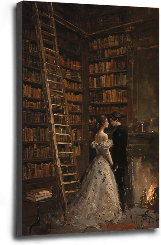 Gothic retro library scene decoration melancholy calm art college style wall aesthetic antique style home decoration suitable for bedroom living room24x36in Wood Framed