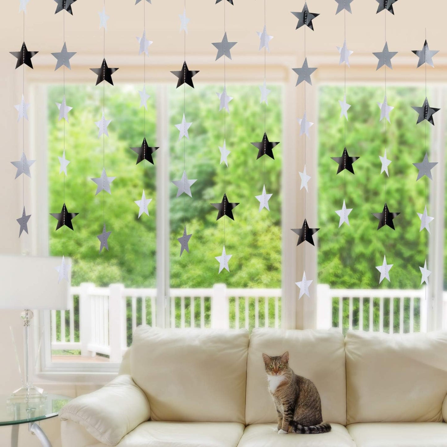 Patelai Glitter Star Garland Banner Decor 130 Feet Star Hanging Bunting Banner Twinkle Backdrop for Homecoming Classroom Wedding Birthday Halloween Christmas Party Supplies(Silver)
