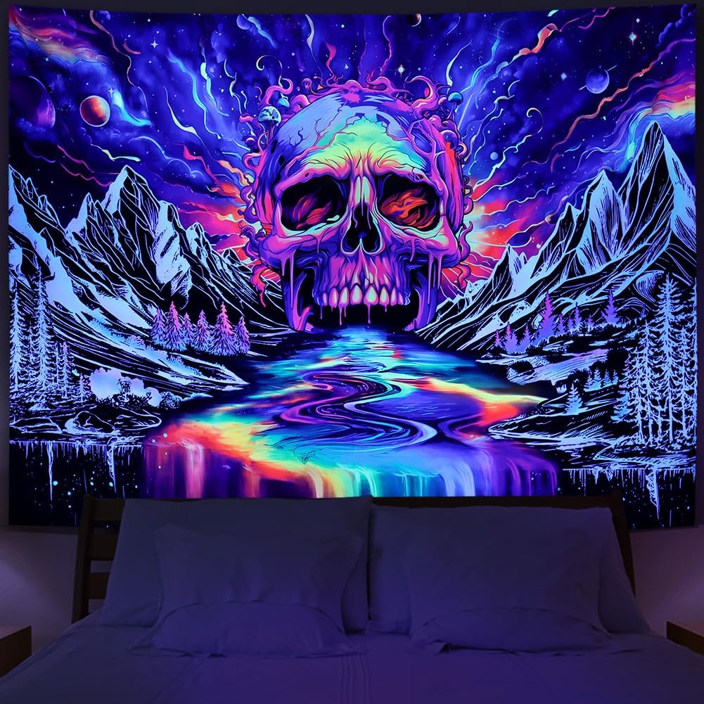 Blacklight Skull Tapestr UV Reactive Galaxy Mountain Planet Tapestries Magic Neon River Wall Hanging Aesthetic Skeleton Wall Decor Forest Trees Landscape Backdrop for Living Room