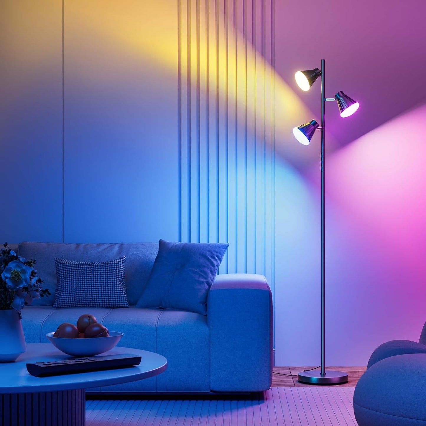 RGB Floor Lamp, 36W LED Dimmable Standing Lamp with 3 Swivel Lights, Color Changing Tall Lamp with Remote, Stepless Dimmable Modern Floor Lamps for Living Room, Bedroom, Gaming Room,Office