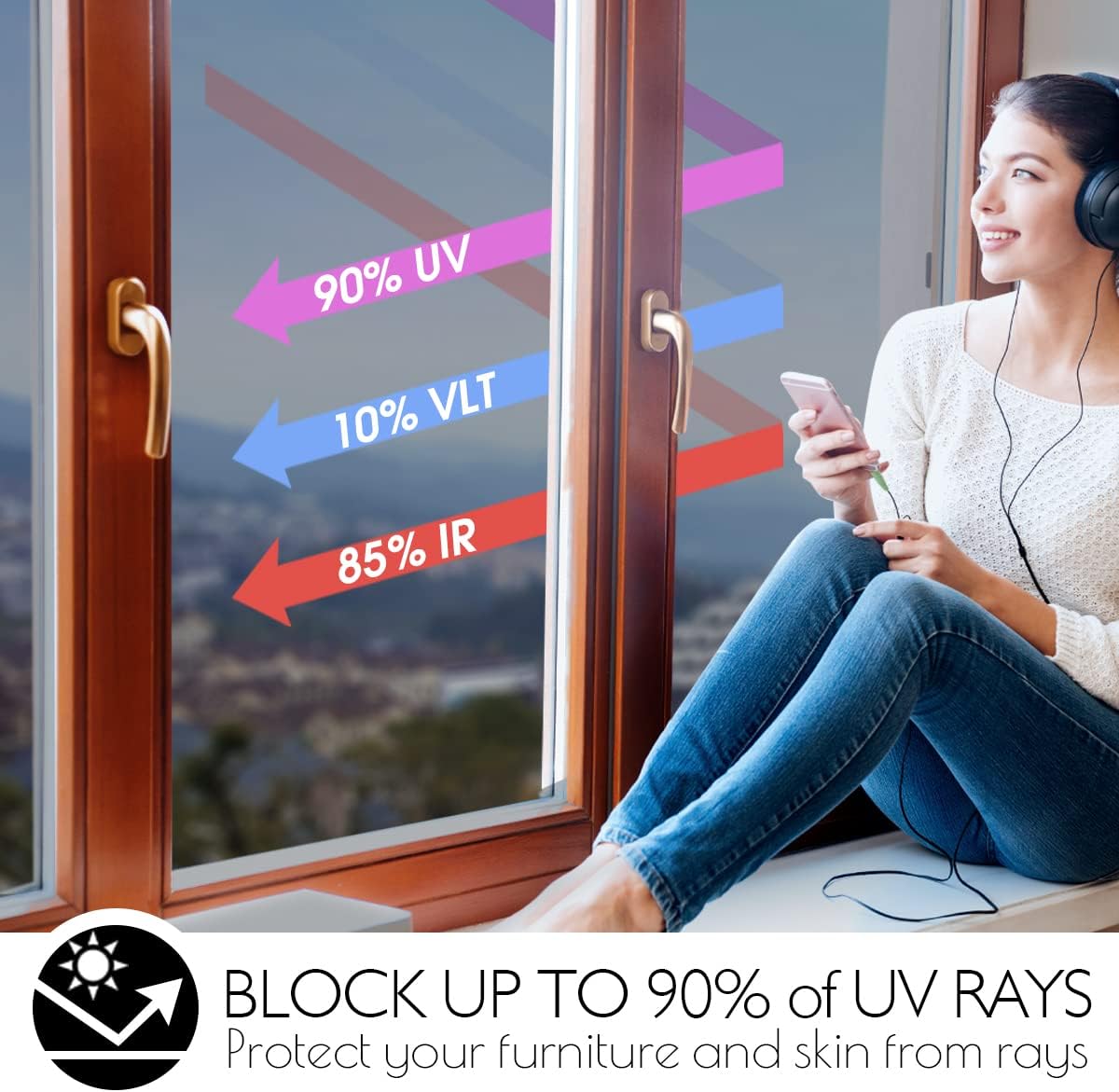 HIDBEA One Way Privacy Window Film, Daytime Mirror Reflective Heat Control UV Sun Blocking Non-Adhesive Static Cling Window Tint for Home and Office (Black-Silver, 17.5 Inch x 13.1 Feet)