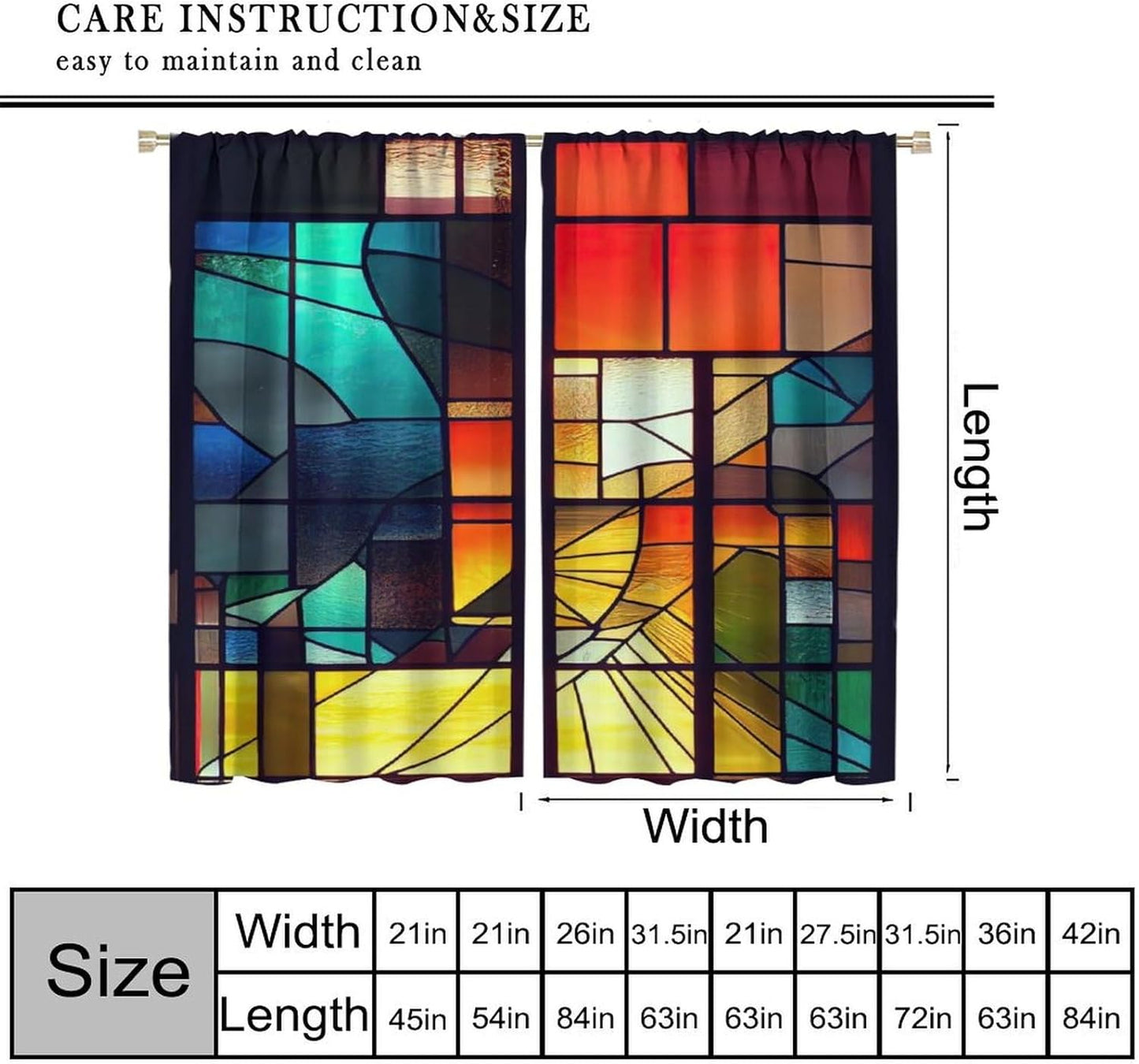 Stained Glass Curtains,Retro Abstract Colorful Geometry Textures Art Home Decor Drapes for Bedroom Living Room Kitchen Window Treatment 2 Panels Set Total Size 42" W X 54" L Inch