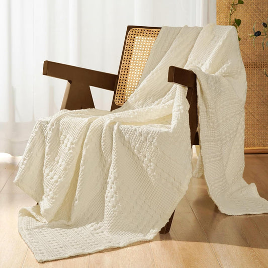 PHF 100% Cotton Waffle Weave Throw Blanket, Soft Lightweight Breathable Cozy Summer Throws for Couch Bed Sofa, Luxury Aesthetic Woven Blanket for Home Decor & Office, 50"x60", Cannoli Cream