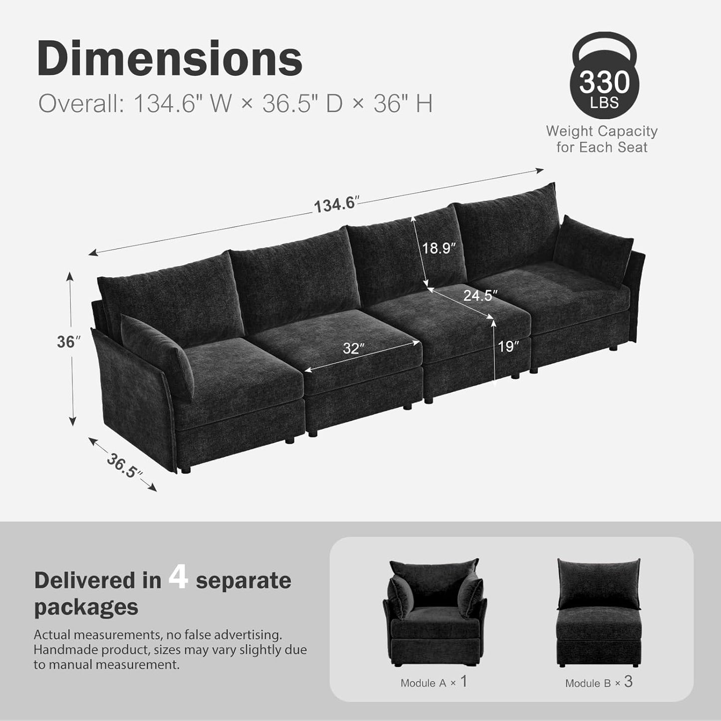 134.6" Modular Sectional Sofa, Oversized 4 Seater Couch with Removable Black Chenille Fabric Cover, Deep Seat & High Backrest for Living Room, Office & Apartment