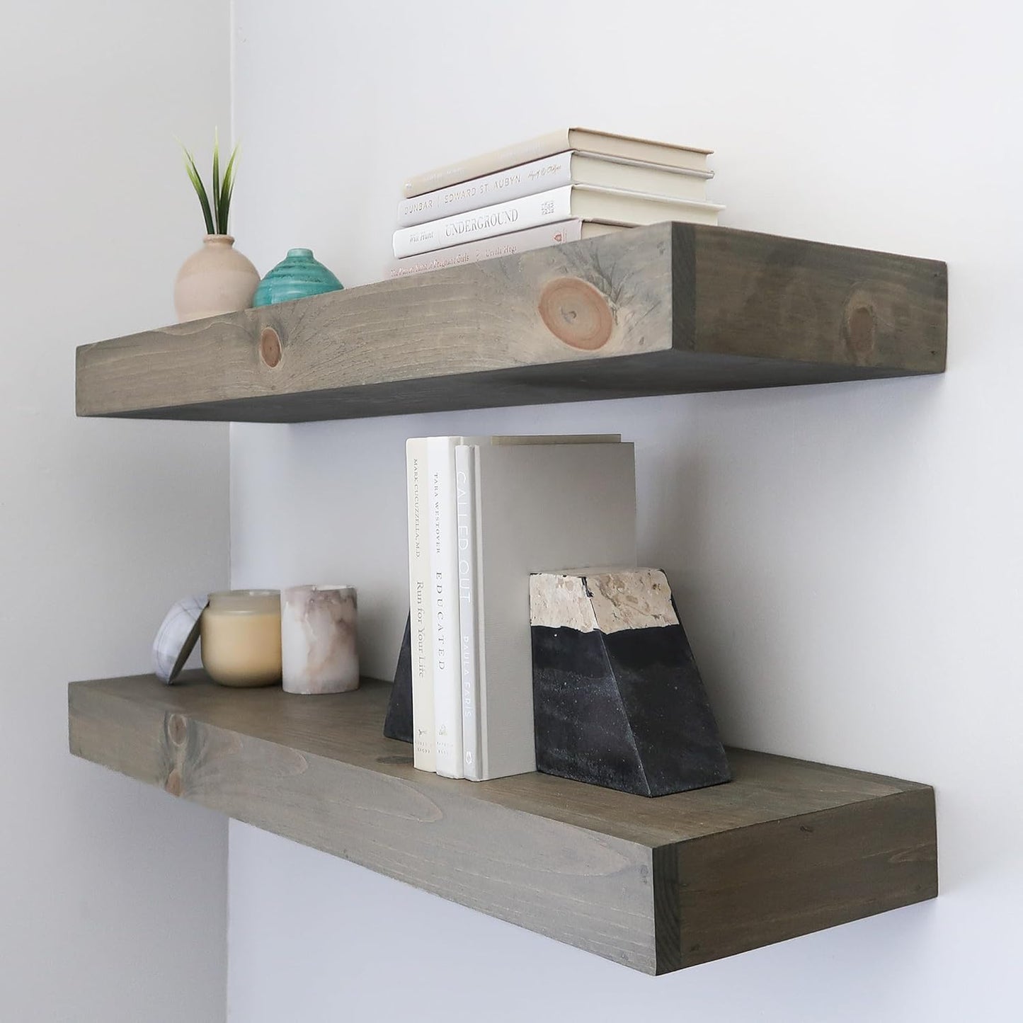 Modern Floating Shelves 3 Inches Thick for Wall, Wide Shelves for Kitchen, Living Room, Bedroom, and Bathroom, Natural Pine Wood, Rustic Wooden Shelf, (Set of 2) (Aged Barrel, 60Lx3Hx8D)