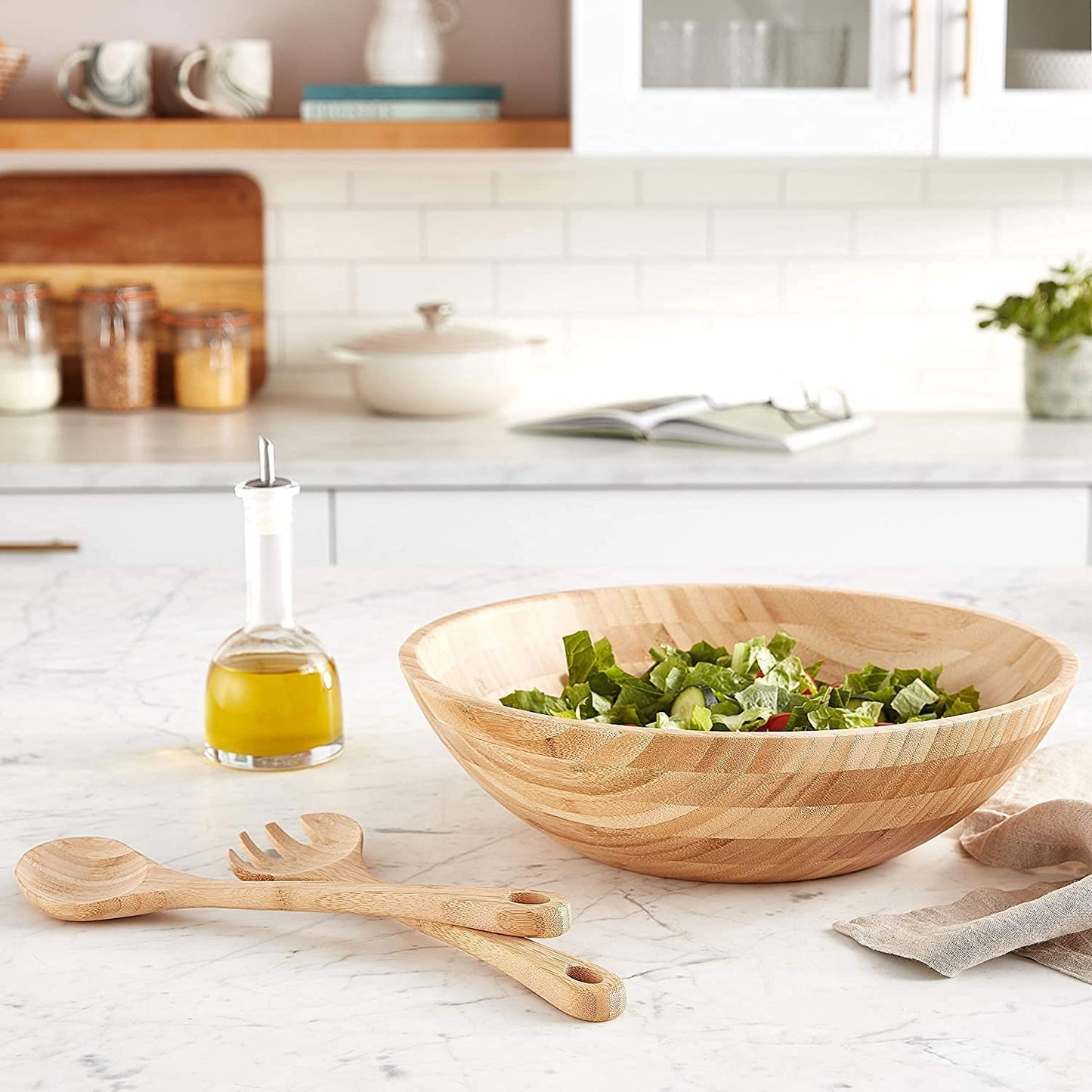 Lipper International Bamboo Wood Salad Bowls with Server Utensils, 7-Piece Set, Assorted Sizes
