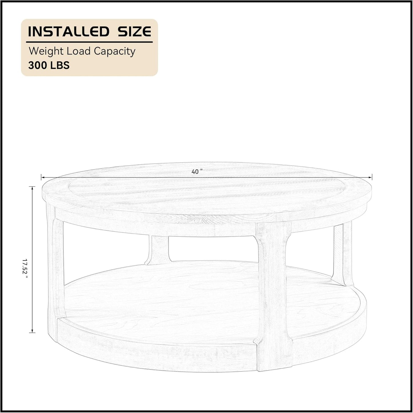 WILLIAMSPACE 40" Round Coffee Table with Wheels, Circle 2 Tier Solid Wood Center Coffee Table, Mid Century Retro Farmhouse Rounded End Table for Living Room Apartment, ø40 x 17.52" H (Light Brown)