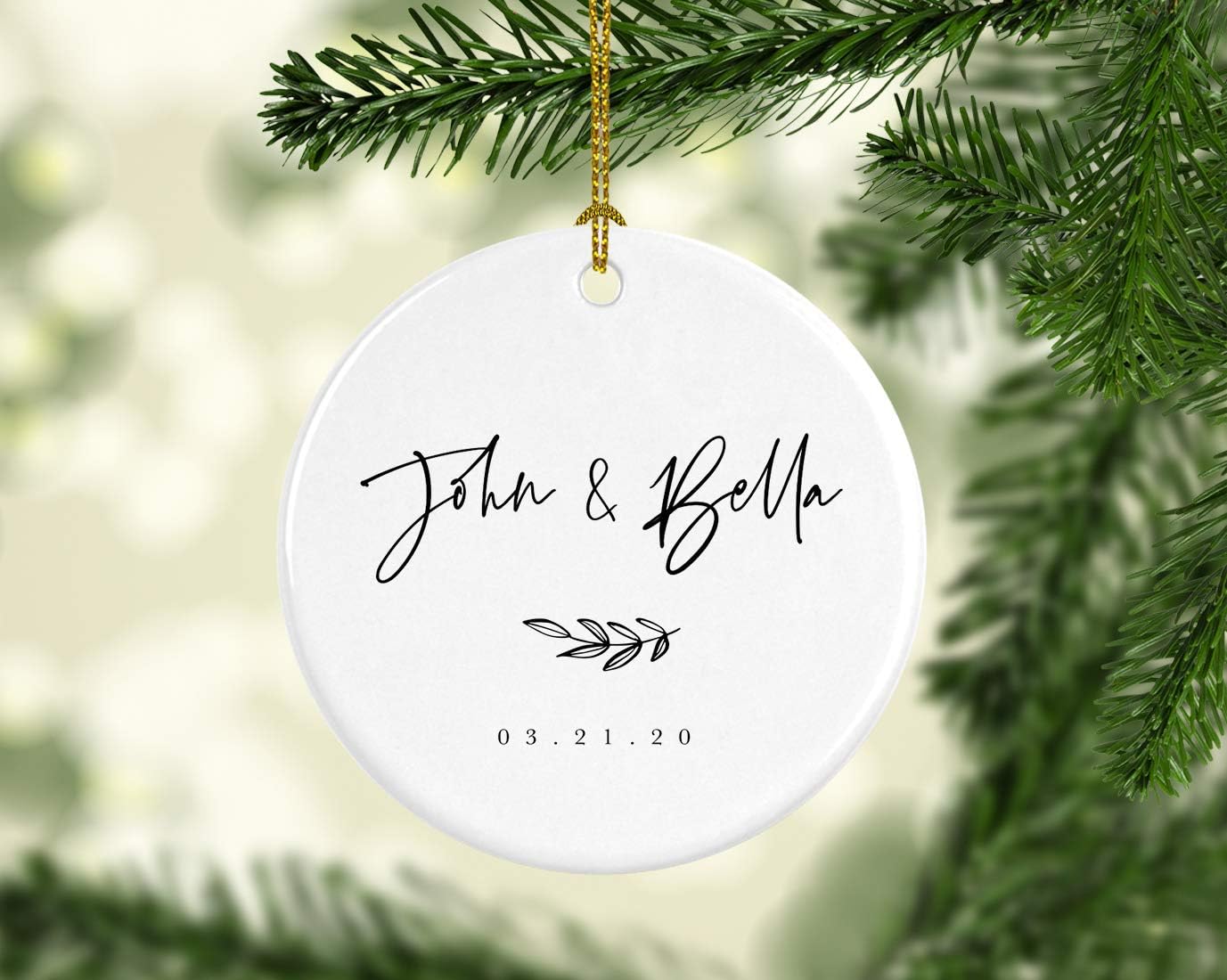 Andaz Press Personalized Round Ceramic Porcelain Christmas Tree Ornament Engagement Keepsake Collectible Gift, John & Olivia 03.21.20, Antique Handdrawn, 1-Pack