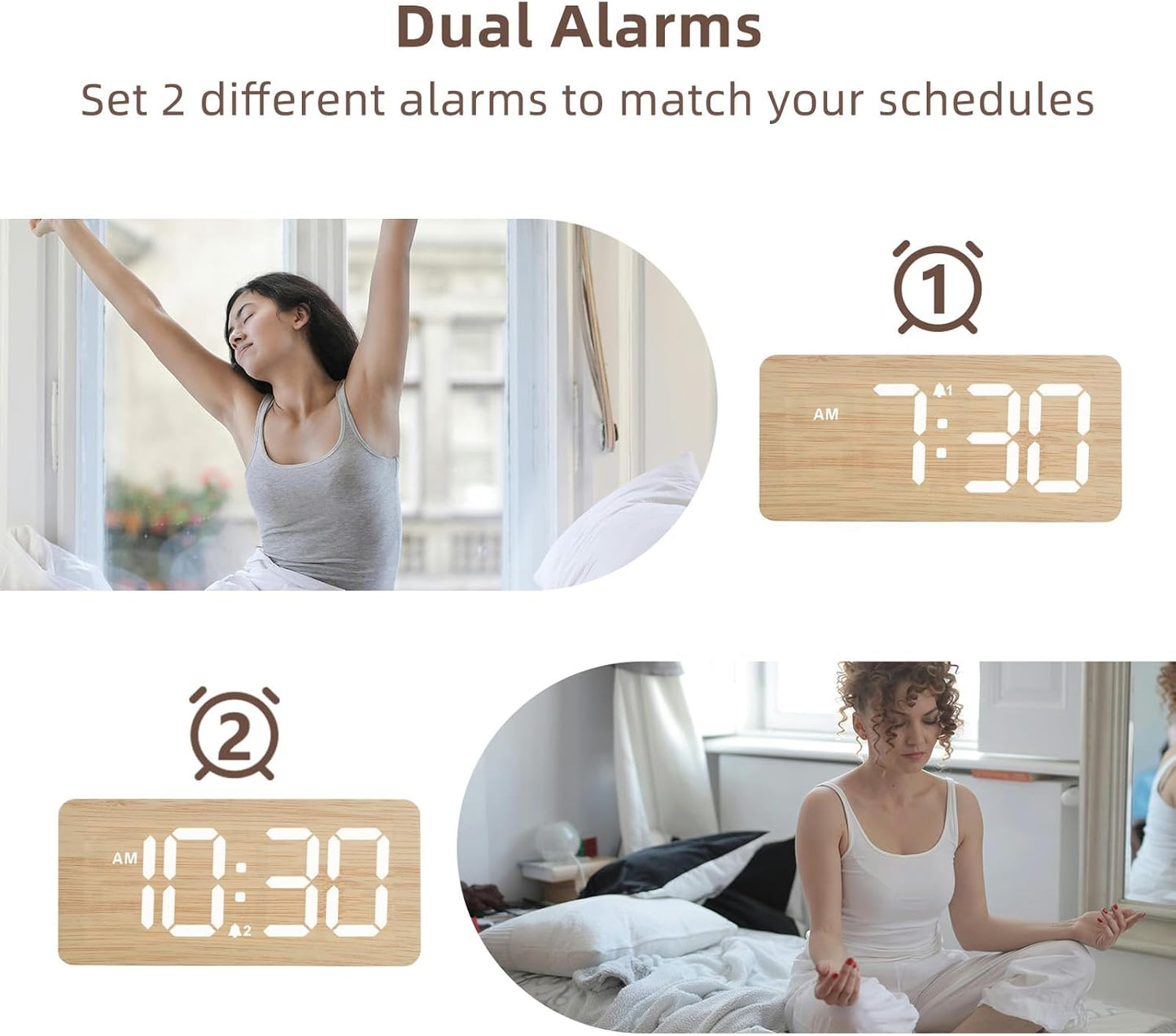uscce Wooden Digital Alarm Clocks for Bedrooms: Dimmable Dual Alarm Clock with Large Numbers for Bedside Desk - Loud Alarm for Heavy Sleepers with Volume Control - Wood Decor & Gifts