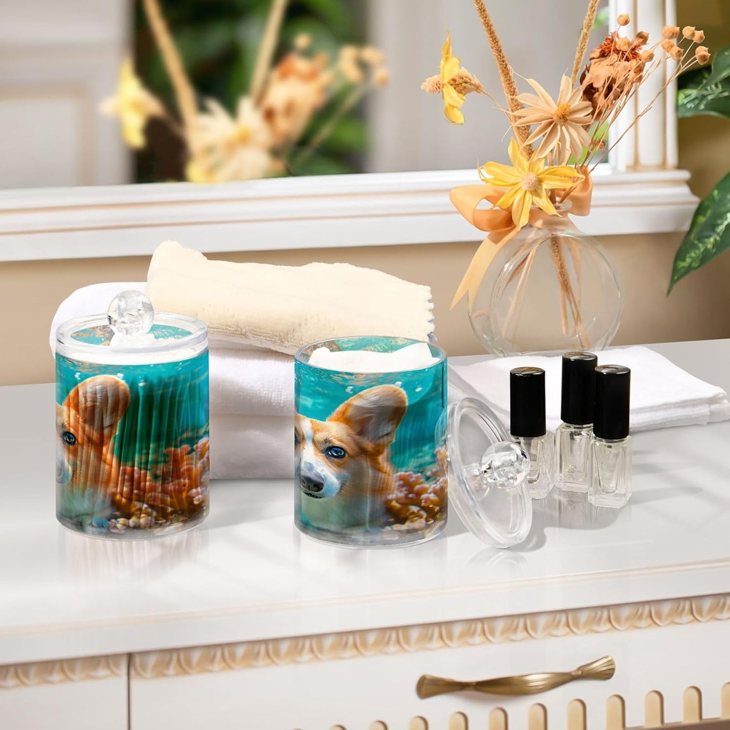 2 Pack Qtip Holder Organizer Dispenser Corgi Dog Underwater Bathroom Storage Canister Cotton Ball Holder Container for Cotton Pads/Swabs/Floss