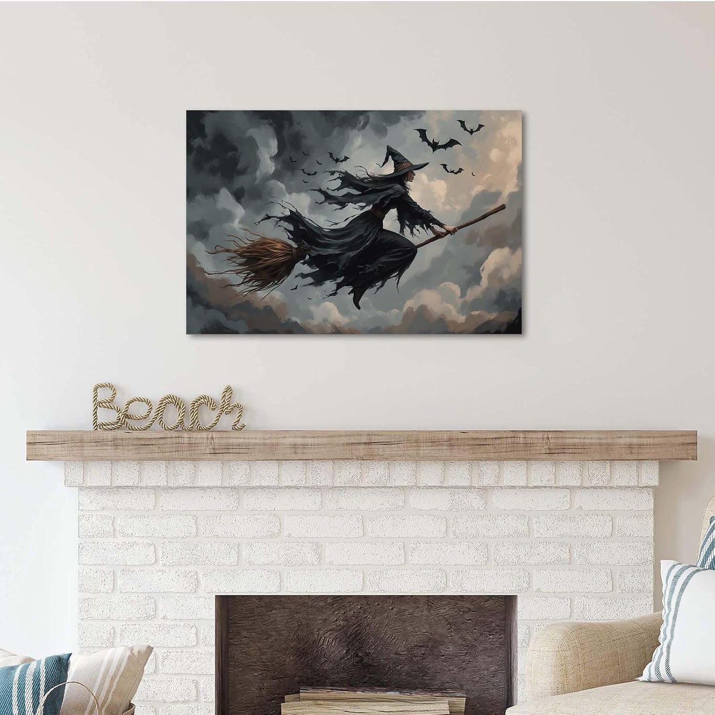 Witch and bat flying Halloween poster suitable for home party wall decoration retro Halloween preppy style wall art canvas print suitable for room decoration24x36in Wood Framed