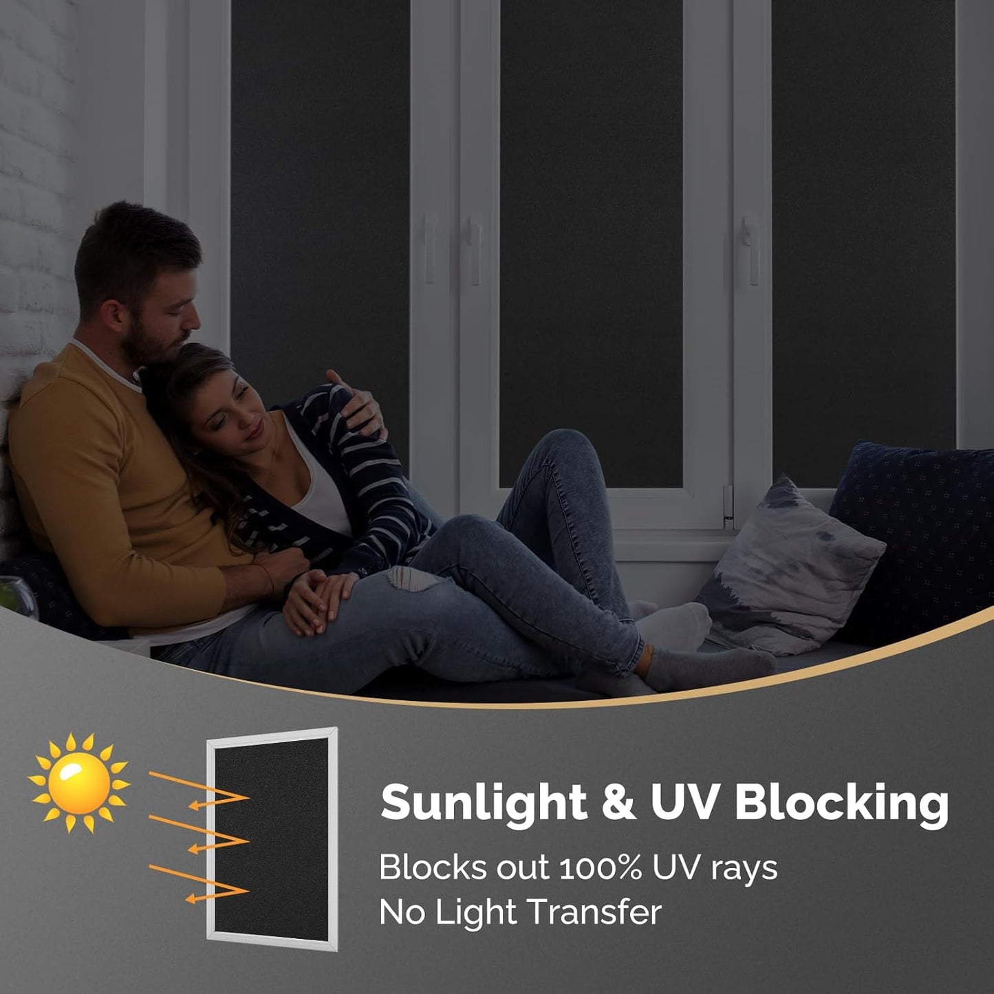 DOWELL Blackout Window Film, 100% Light Sun Blocking Static Cling Frosted Privacy Film for Glass, Heat Control Removable Window Tint, Room Darkening Cover for Day Sleep, Black, 17.5" x 157.5"