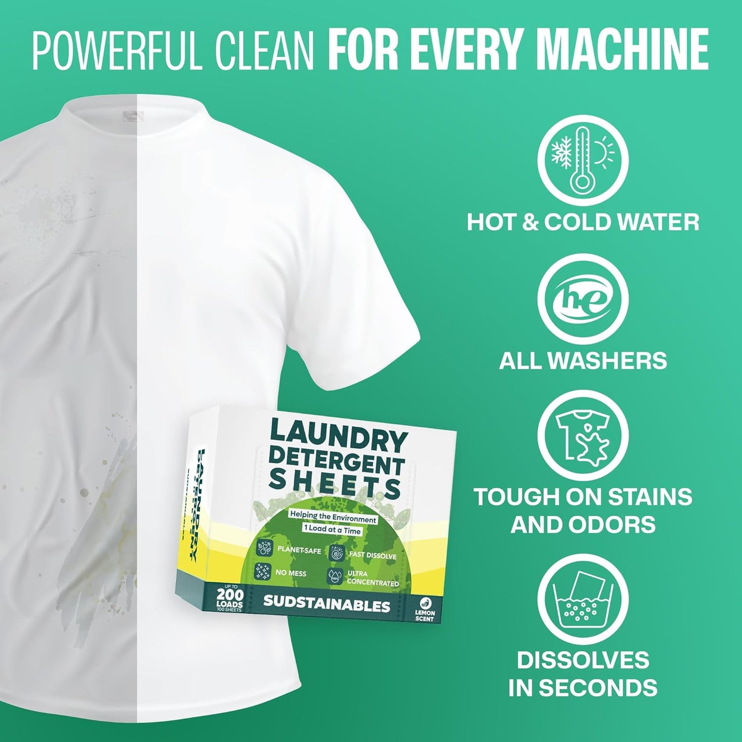 Sudstainables Laundry Detergent Sheets (200 Loads) – Eco-Friendly, Zero Waste, Plastic-Free Laundry Washing Machines Soap Sheets; Dissolvable, Space-Saving Strips for Travel (Lemon)