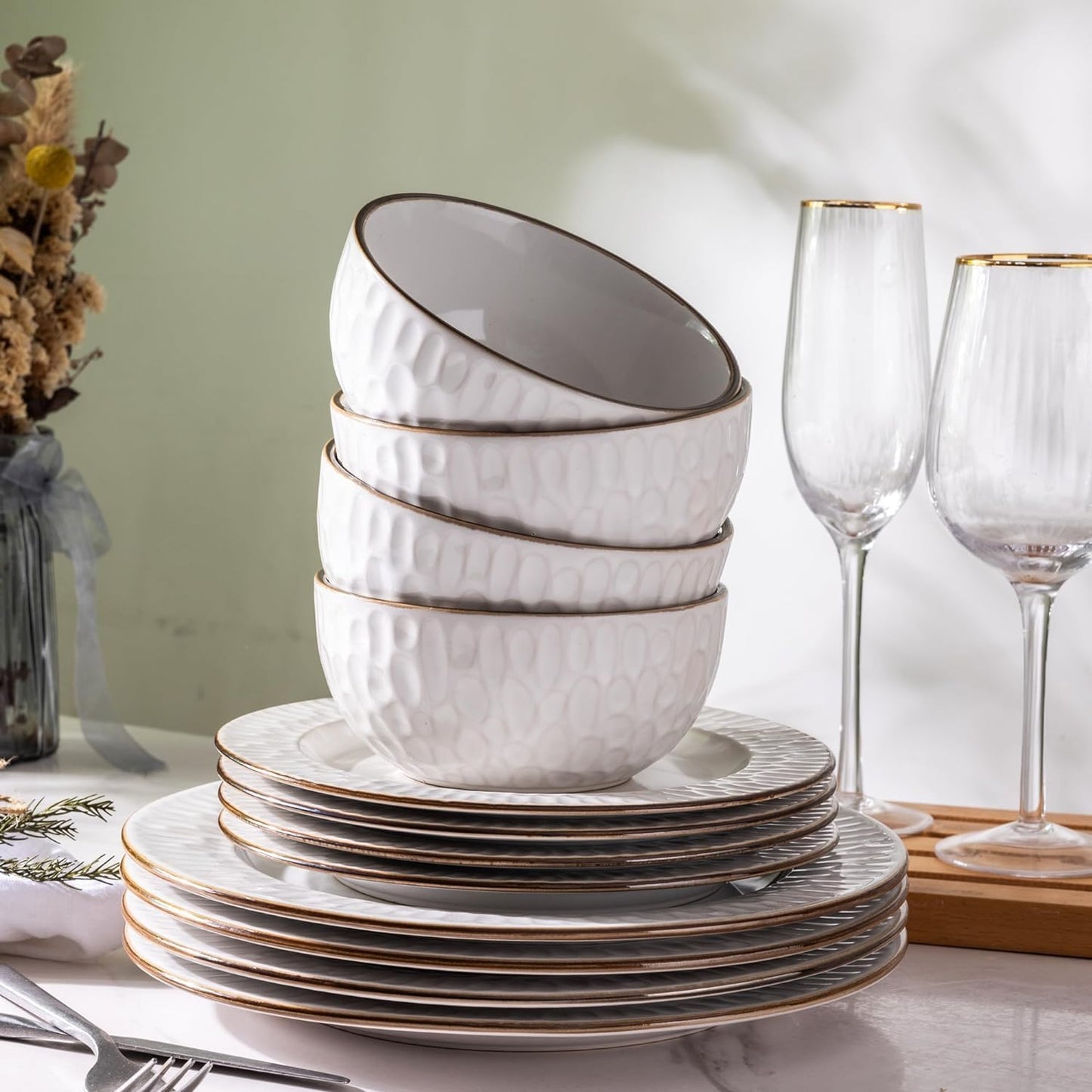 GBHOME Ceramic Dinnerware Sets,18 pcs Embossed Elegant Stoneware Plates and Bowls Sets, Housewarming Wedding Gift | Dishwasher & Microwave Safe | Dishes Set Service for 6