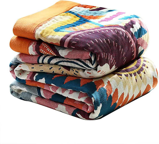 Boho Throw Blanket, 100% Organic Muslin Cotton Breathable Ultra Soft Bed Quilt Throw - All Season Floral Bird Butterfly Farmhouse Decor Blanket for Sofa Couch Chair and Gift. 80" x 90"