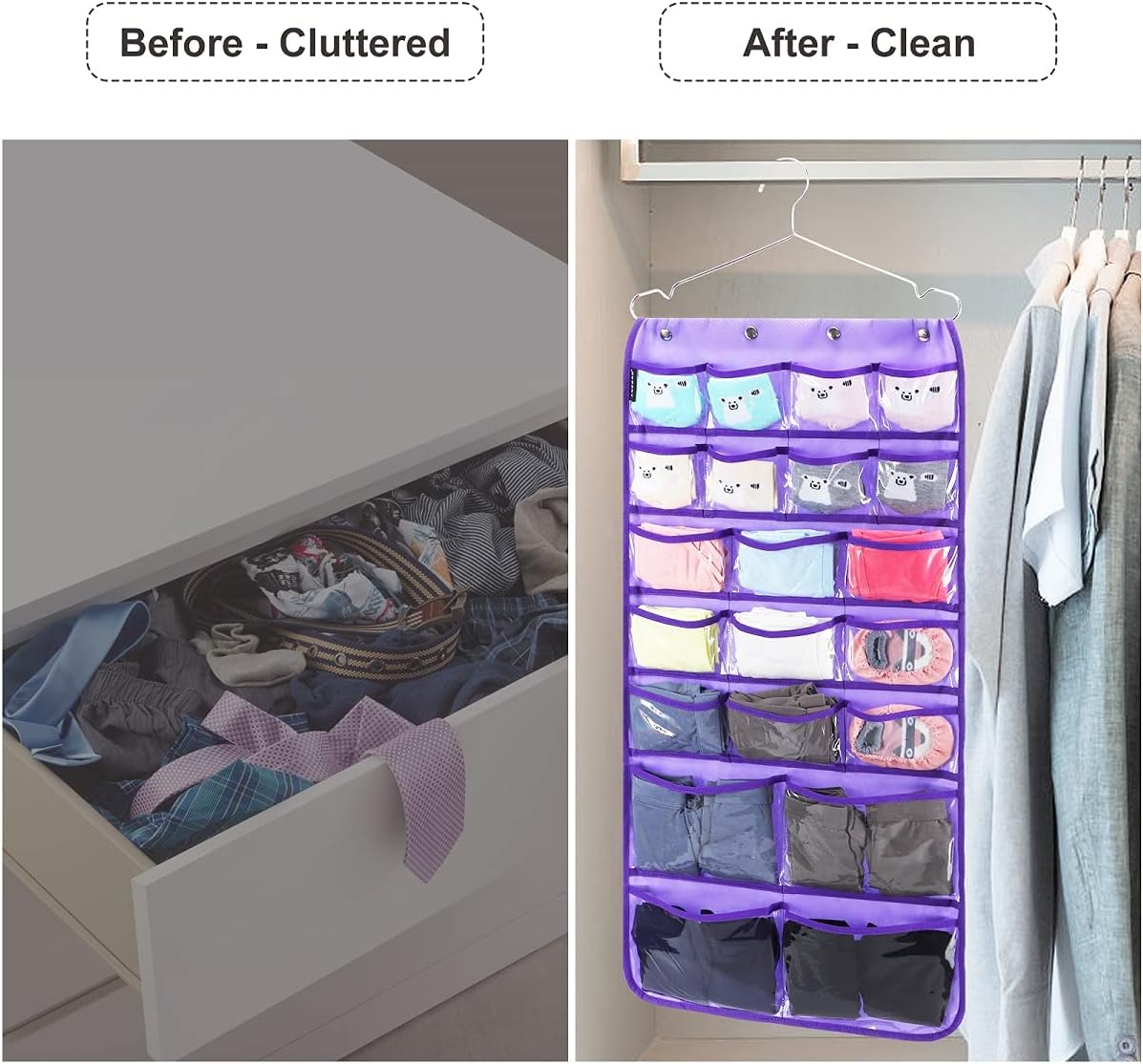 Dual Sided Hanging Organizer for Jewelry Makeup Storage Closet Organizers for Bows Socks Underwear with 42 Clear Pockets (PURPLE)