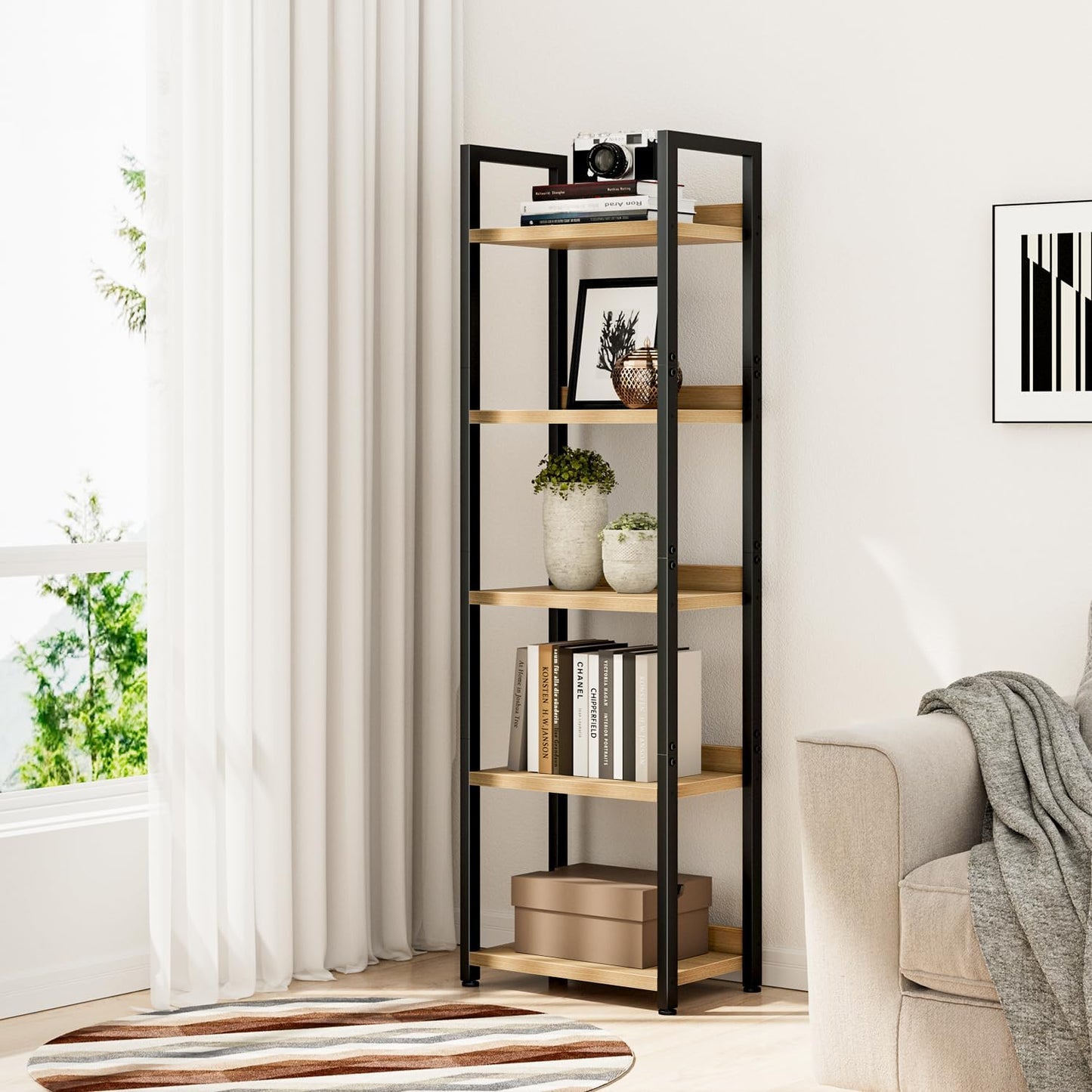 NUMENN Narrow Bookshelf, 5 Tier Bookshelves, Home Office Bookcase Shelf Storage Organizer, Free Standing Storage Shelving Unit for Bedroom, Living Room and Home Office, Natural