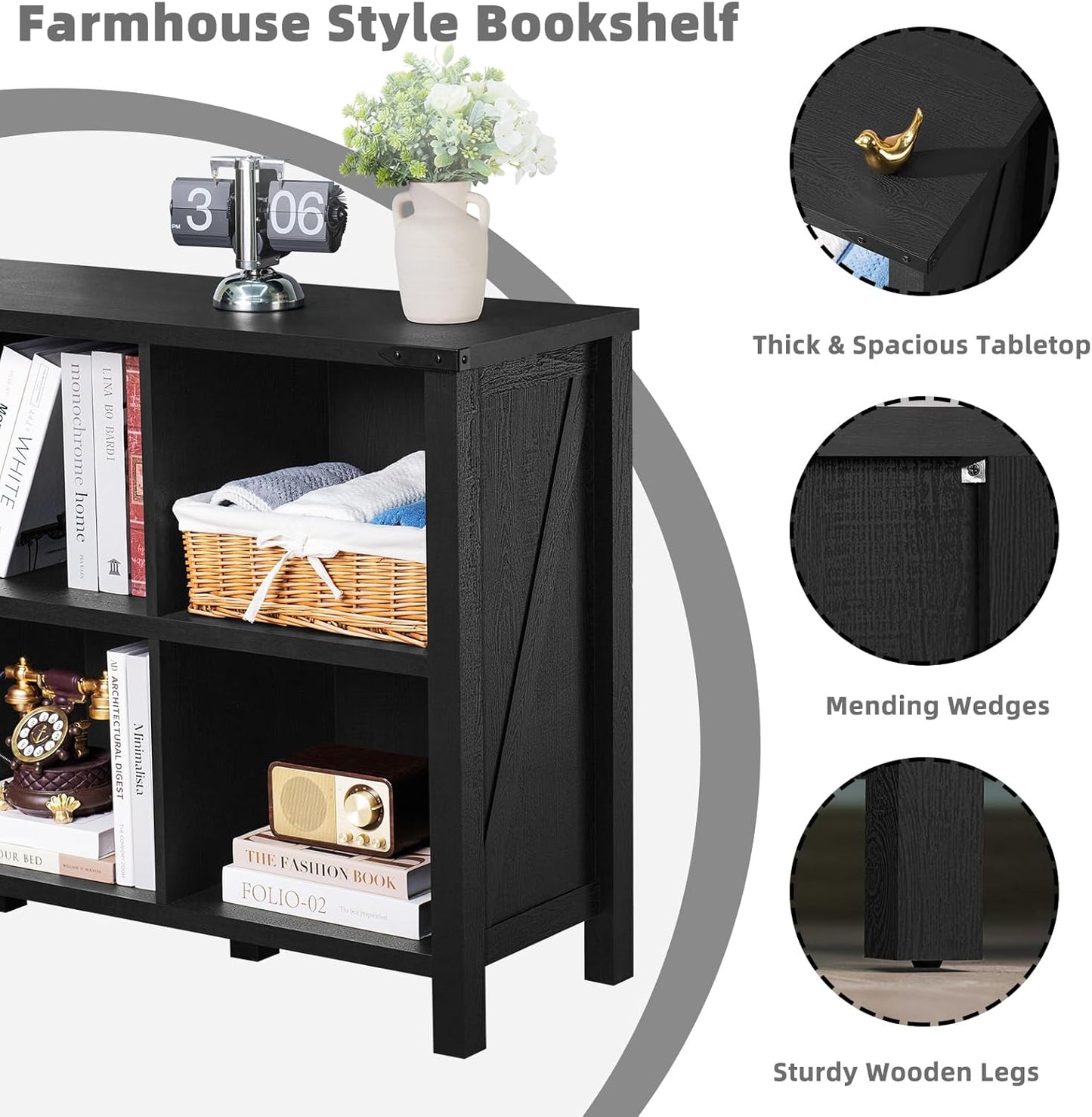 6 Cube Bookcase, Farmhouse Wood Low Storage Organizer Book Shelf, Black 47" Horizontal Console Bookshelf with Legs, Hallway Book Case for Entryway, Display Cabinet for Living Room, Office