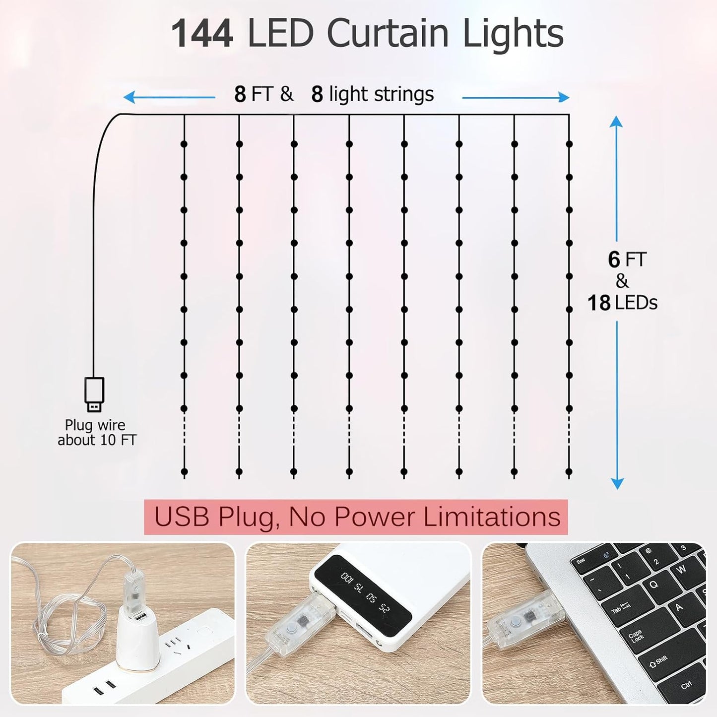 LED Curtain Lights, 8ft x 6ft 144 LED RGB Color Changing String Fairy Lights Curtain with Smart APP Control, Music &Voice Sync for Bedroom Backdrop Wall Indoor Outdoor Christmas Decorations