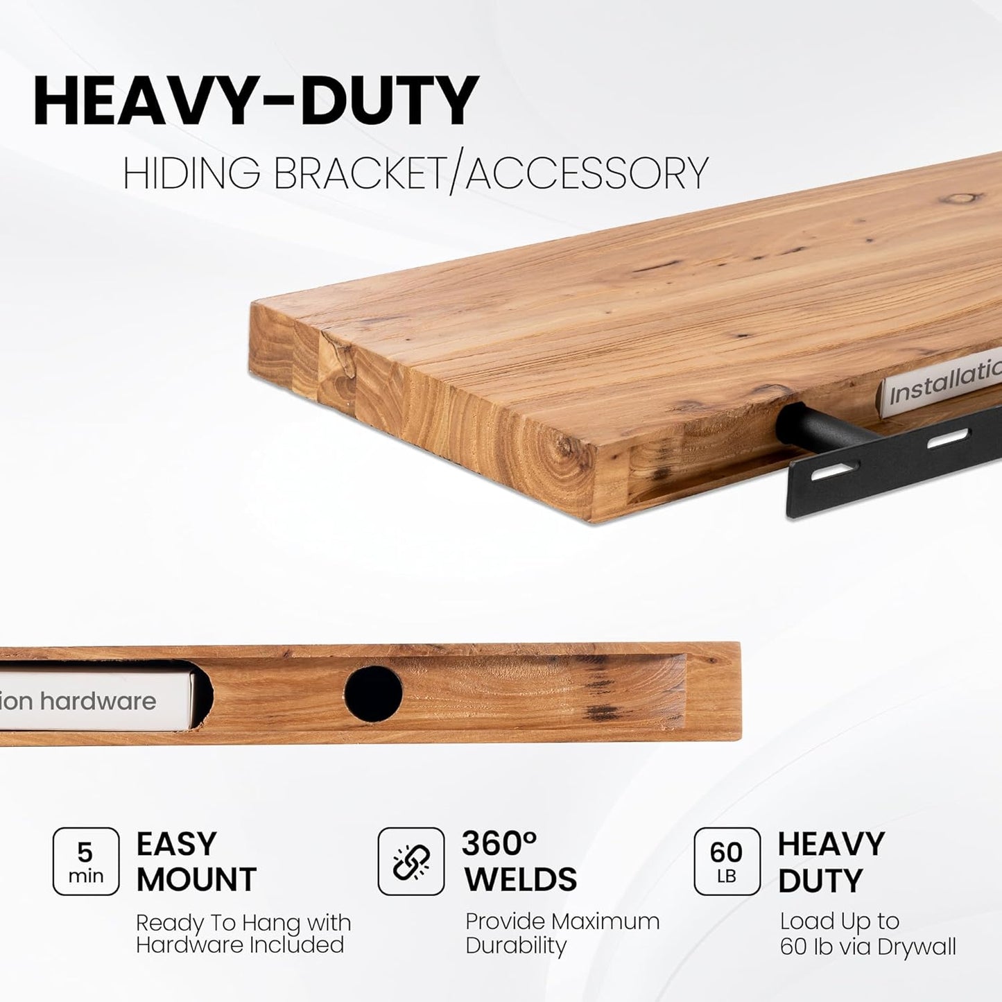 Floating Shelves for Wall, 42" Flat Edge Solid Elm Wood Floating Shelf, Wall-Mounted Display Shelves with Invisible Heavy-Duty Metal Bracket, Floating Shelf for Living Room Kitchen, Natural