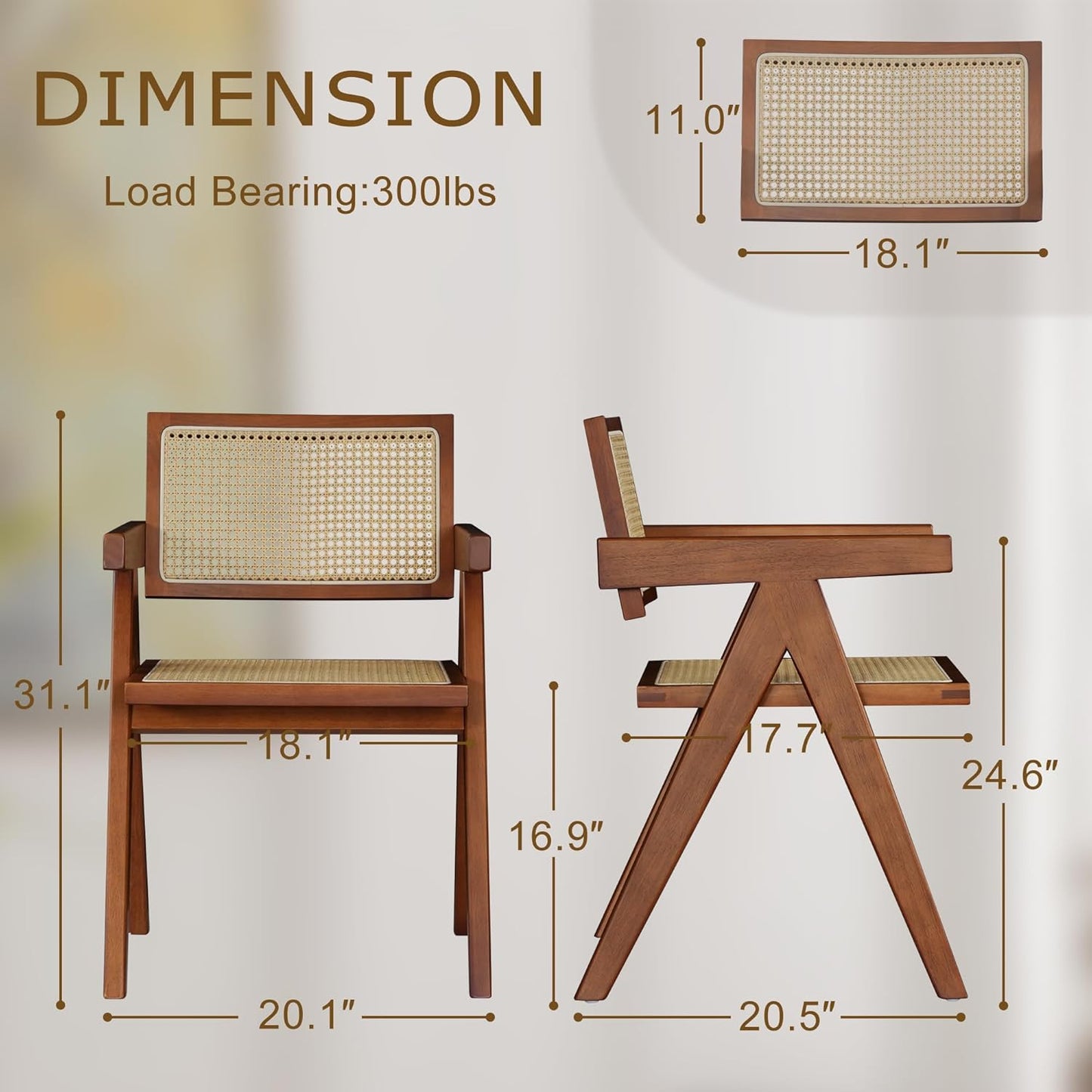 Rattan Accent Chairs Set of 2, Mid Century Modern Dining Armchairs With Cane Back, for Kitchen, Bedroom, Living Room, Reading Room, Outdoor - Walnut
