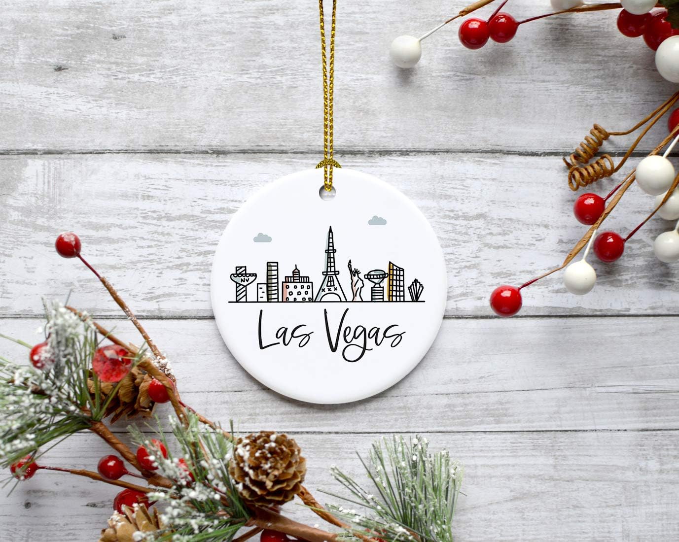 Andaz Press Round Ceramic Porcelain Christmas Tree Ornament Keepsake Gift, Las Vegas, Colorful City Skyline Graphic, 1-Pack, Birthday Gift Ideas Family Coworker Him Her, Includes Box