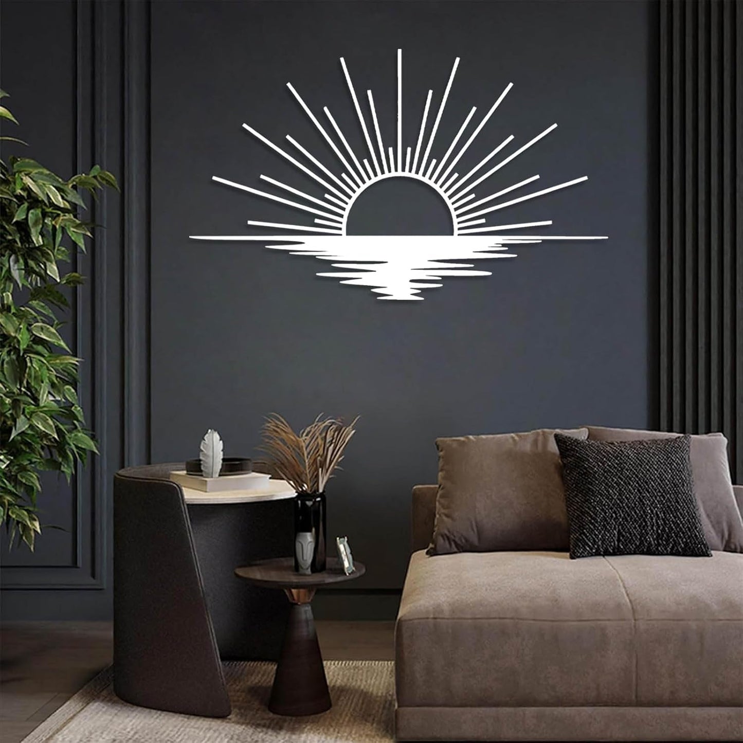 Sunrise Metal Wall Art, Metal Sun Wall Decor, Sun Outdoor Wall Art, Abstract Sunrise Wall Decor, Boho Home Hanging, Living Room Wall Hanging (White, 24"x14"/60x36cm)