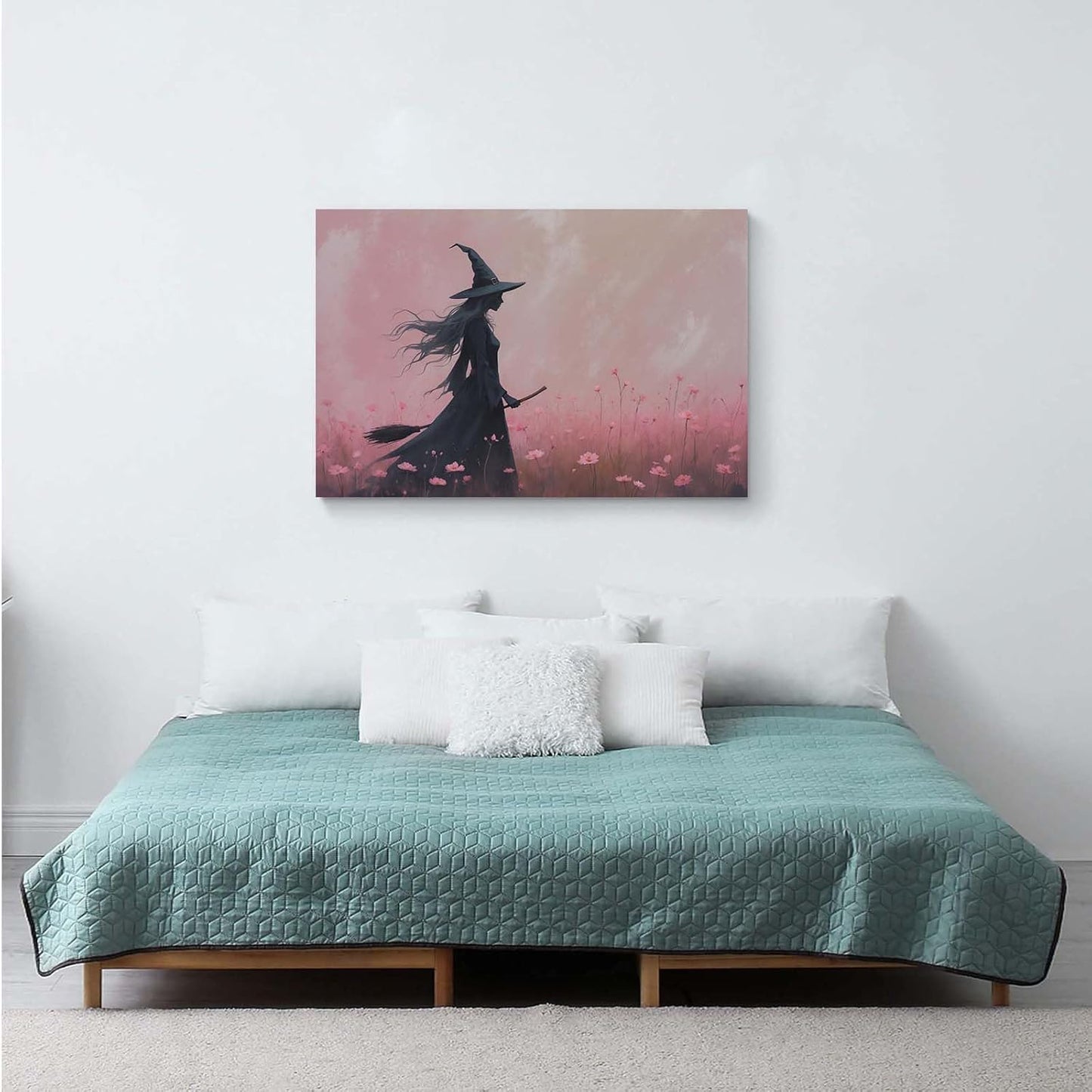 JFHCQJPK Witch in the pink sea of flowers Halloween prints weird flowers wall art silhouette painting fashionable romantic decoration suitable for bedroom32x48in Frameless