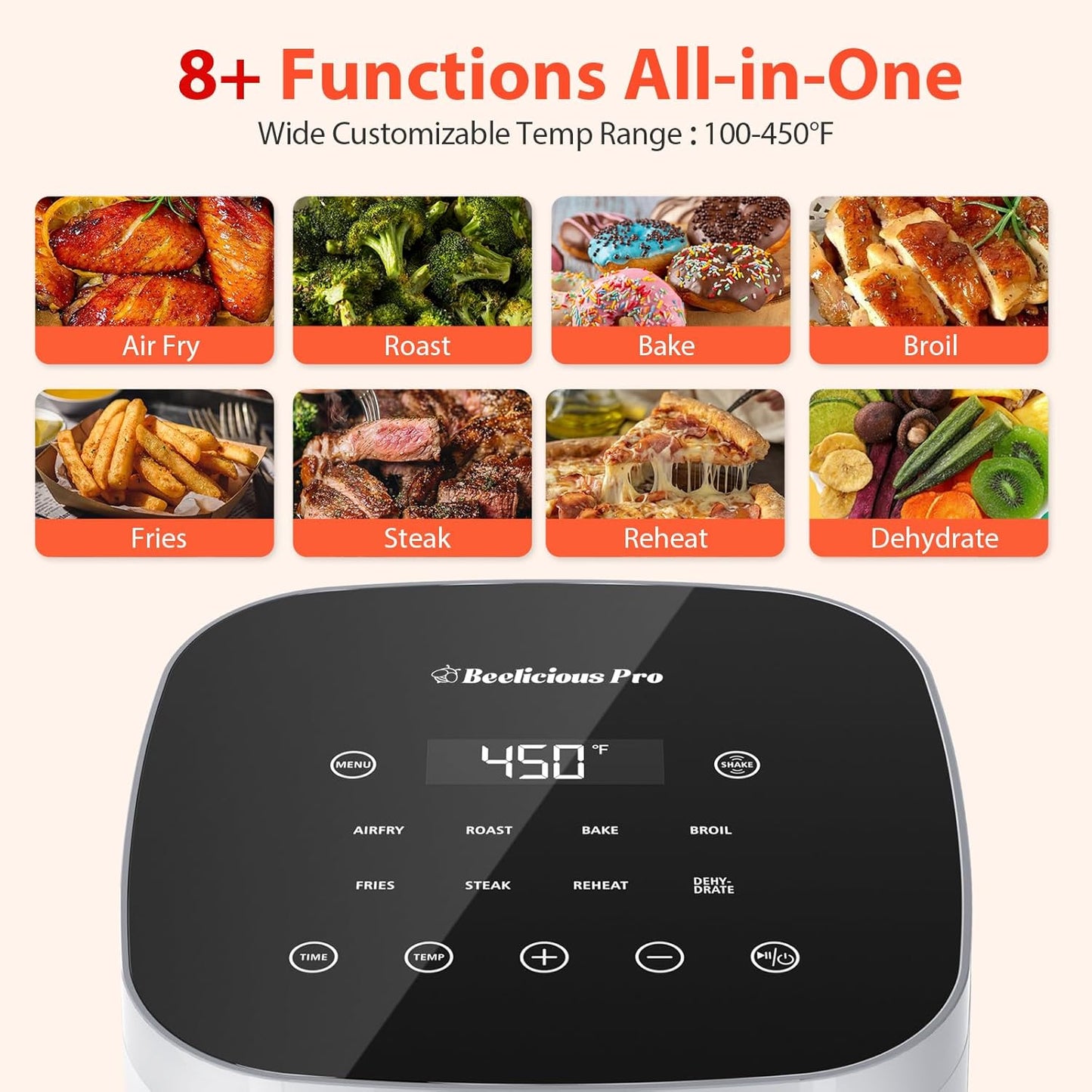 Air Fryer, Beelicious 8-in-1 Smart Compact 4QT Air Fryers,Shake Reminder,450°F Digital Airfryer with Flavor-Lock Tech,Tempered Glass Display,Dishwasher-Safe & Nonstick,Fit for 1-3 People, Bright White