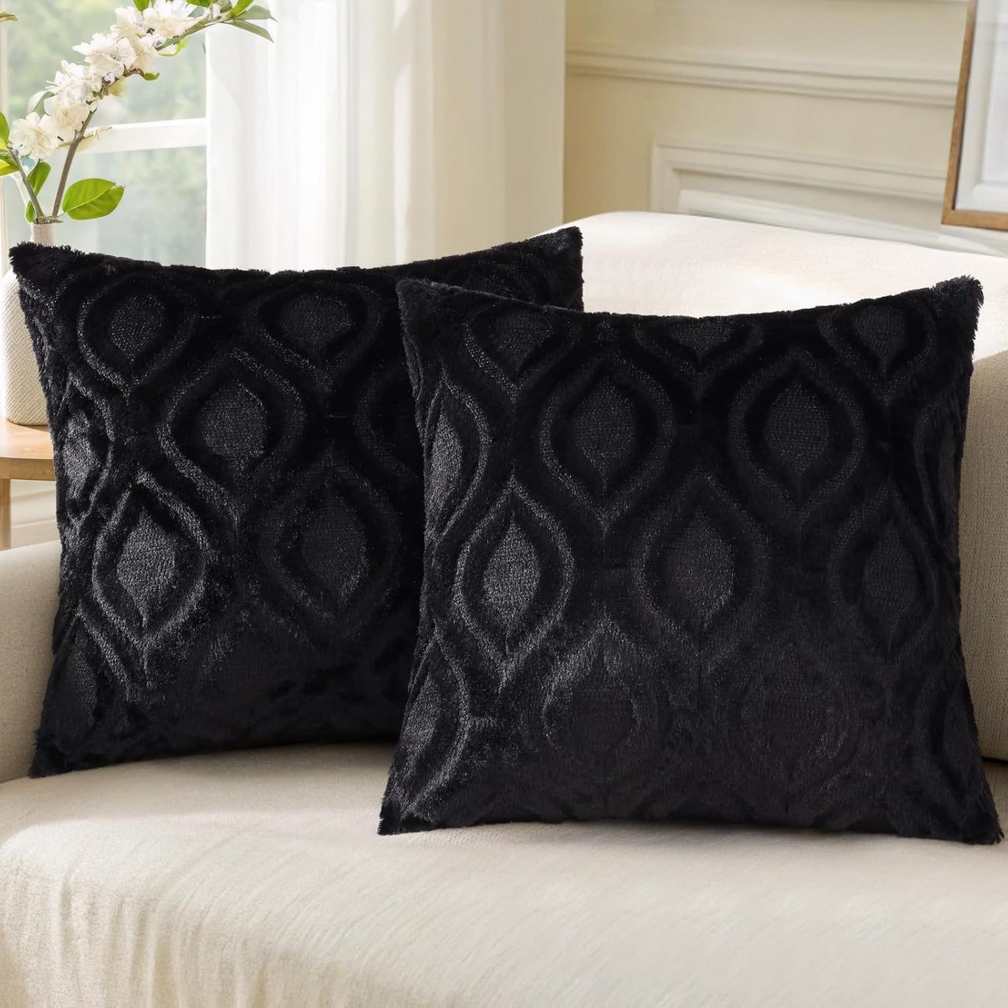 decorUhome Fall Throw Pillow Covers 24x24 Inch Set of 2, Soft Plush Decorative Faux Fur Black Solid Couch Pillow Covers, Accent Farmhouse Neutral Square Euro Pillow Cases for Sofa Bed Living Room